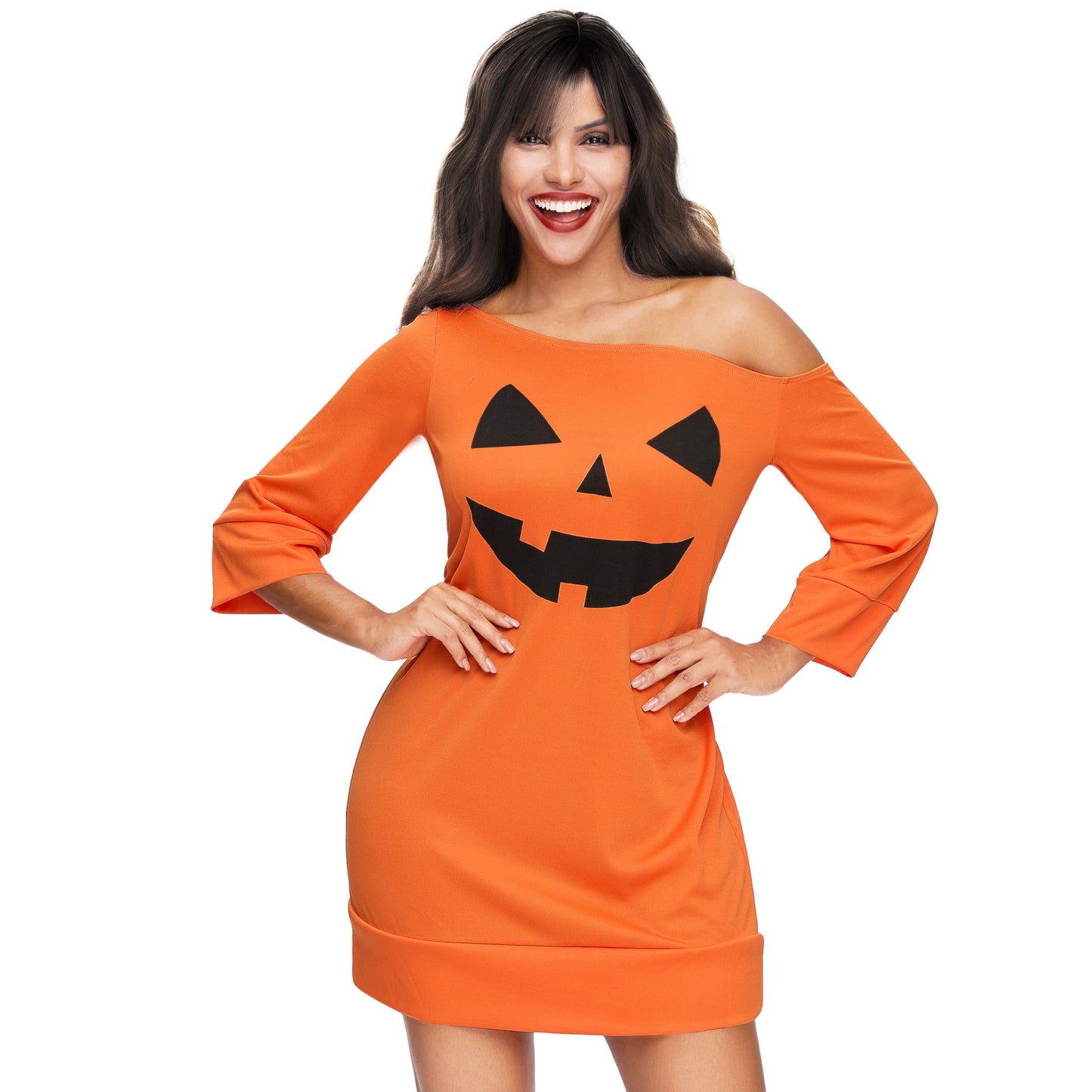 Joyfy Pumpkin Costume for Women Adult Halloween Poncho Costume Off shoulder Mini Dress for Halloween Themed Party Cosplay