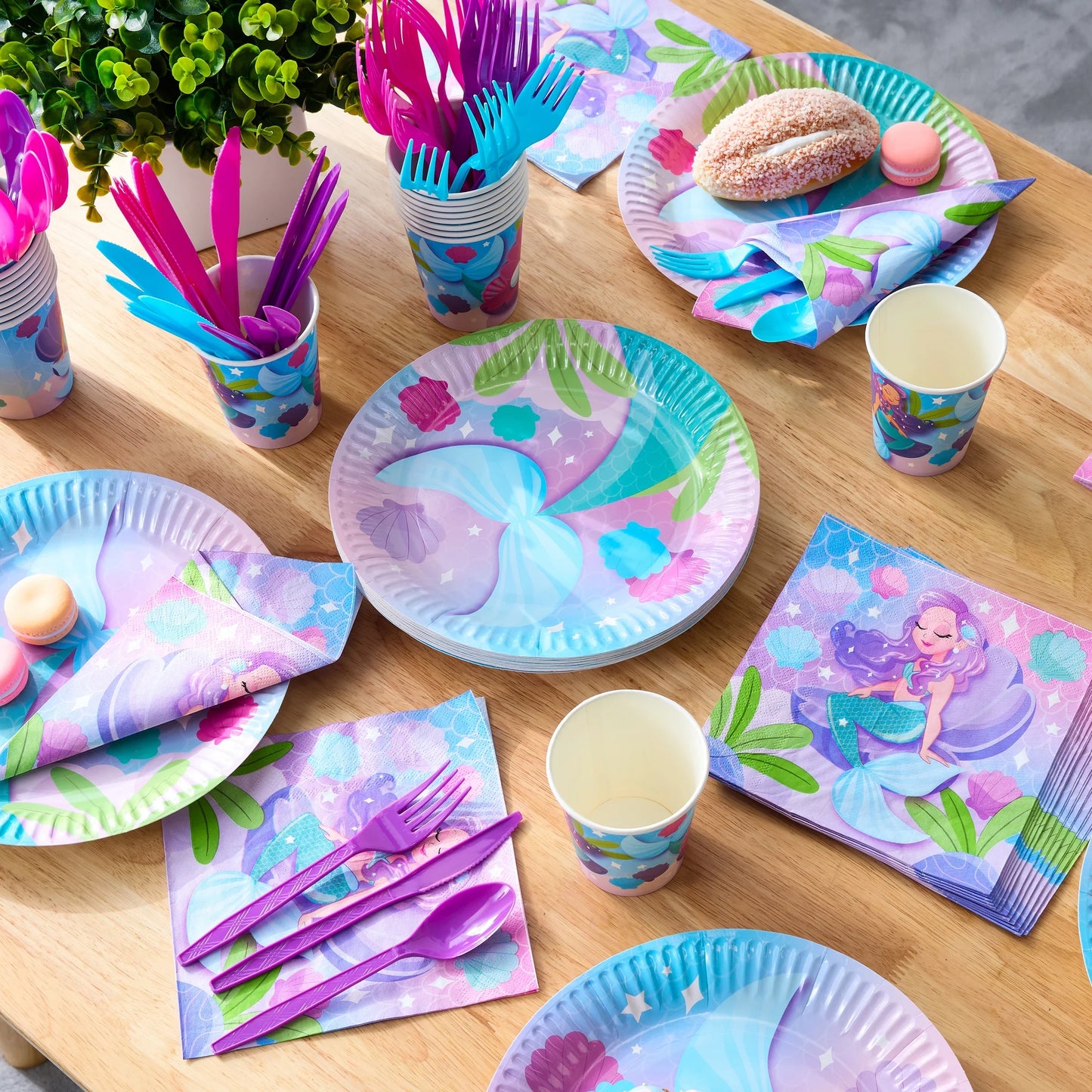 Syncfun 145 Pcs Mermaid Party Supplies for Kids Birthday with Banner 24 Serves Disposable Tableware Set with Plates, Cups, Napkins & Cutlery, Mermaid Birthday Party Decoration for Girls