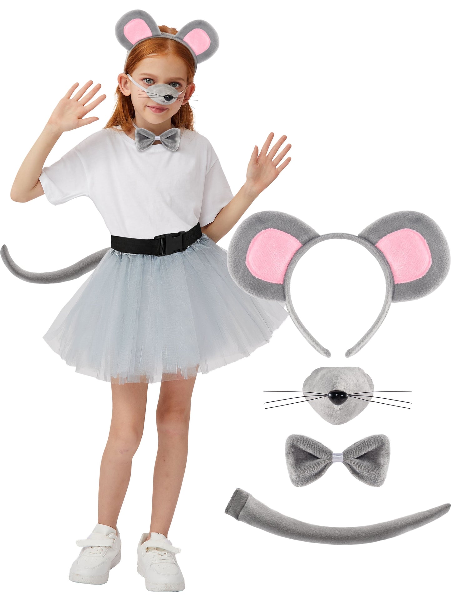 Joyfy 4 Pcs Grey Mouse Costume Accessory Set for Adults and Kids, Rat Mouse Ears Headband, Halloween Animal Costume Accessories Set, Kids Dress Up Costume