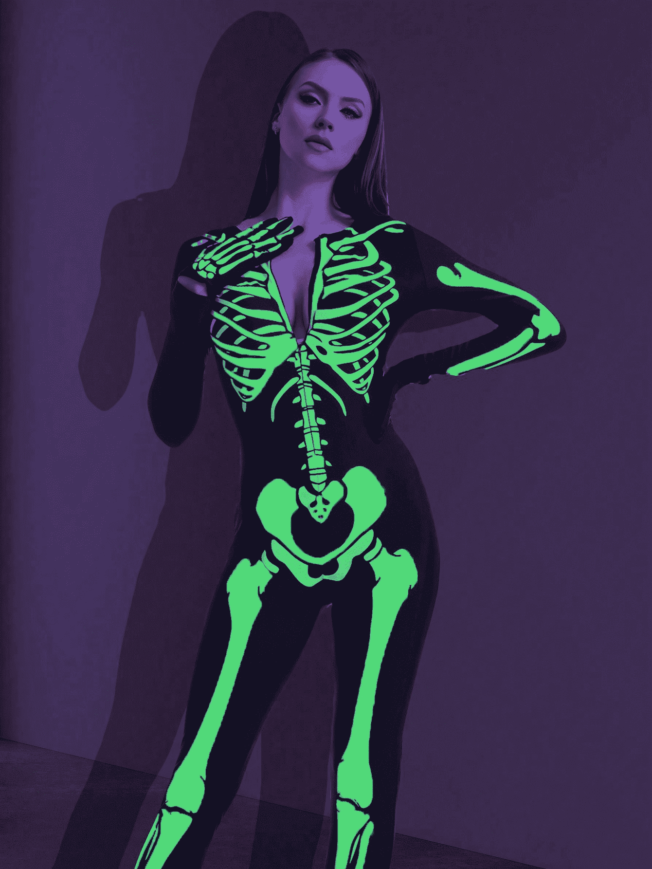 Joyfy Glow in the Dark Skeleton Costume for Adults Women Halloween Dress Up Party Role Playing Cosplay