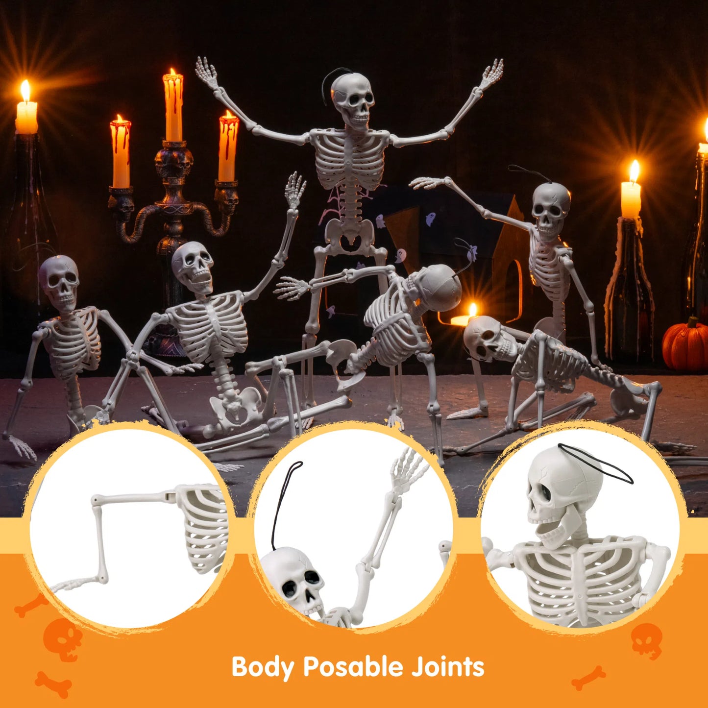 Syncfun 6 Pcs Skeleton Halloween Decorations,16 Inch Full Body Poseable Skeleton with Movable Joints for Halloween Indoor Outdoor Party,Graveyard,Haunted House Accessories