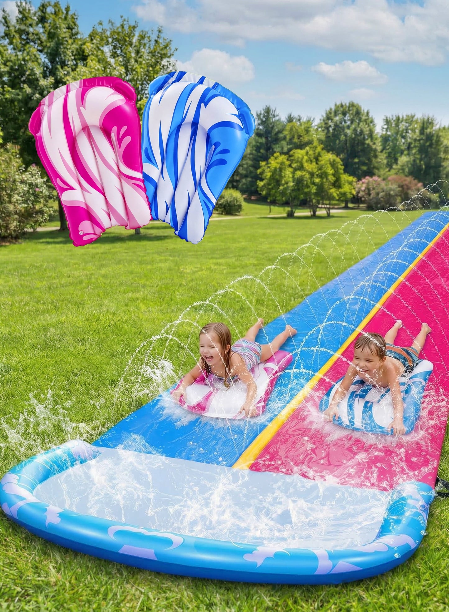 Joyfy 22.5ft Double Water Slide, Heavy Duty Lawn Water Slide with Sprinkler, and 2 Slip Inflatable Boards for Summer Yard Lawn Outdoor Water Play Activities