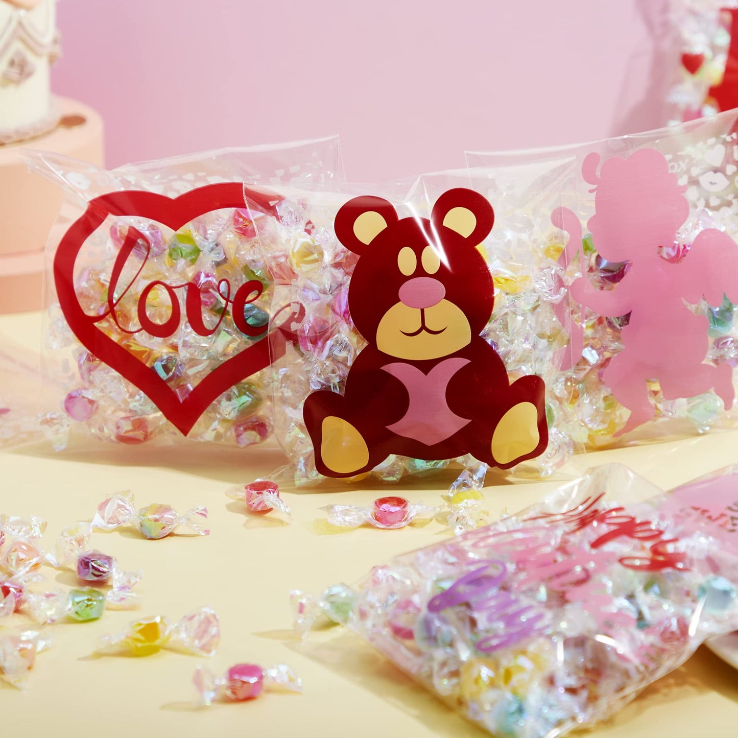 150 Pcs Valentine Cellophane Gift Bags Square Cellophane Candy Bags Valentine Goodies Bags in 6 Designs for Kids Valentine's Day Party Favor Supplies