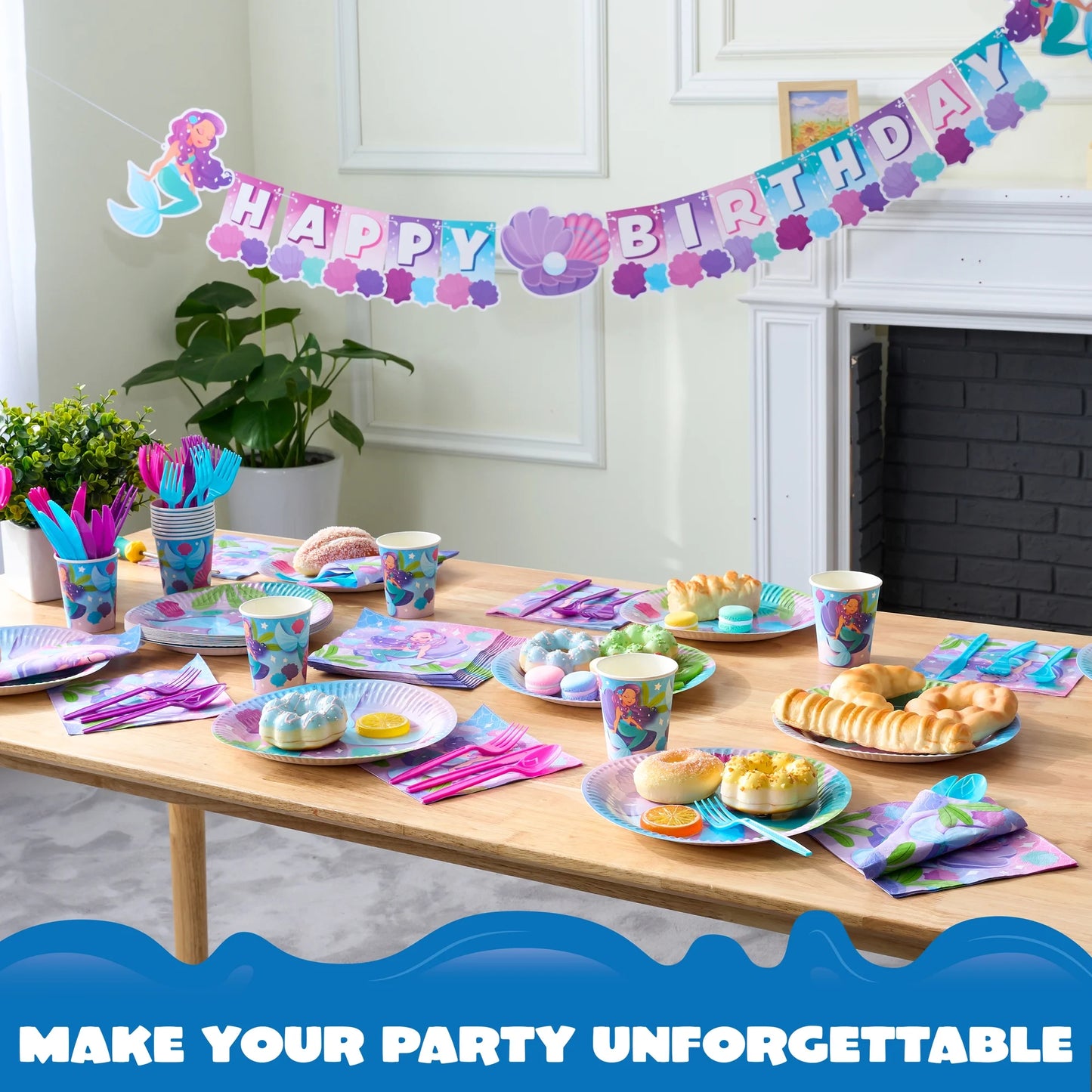 Syncfun 145 Pcs Mermaid Party Supplies for Kids Birthday with Banner 24 Serves Disposable Tableware Set with Plates, Cups, Napkins & Cutlery, Mermaid Birthday Party Decoration for Girls