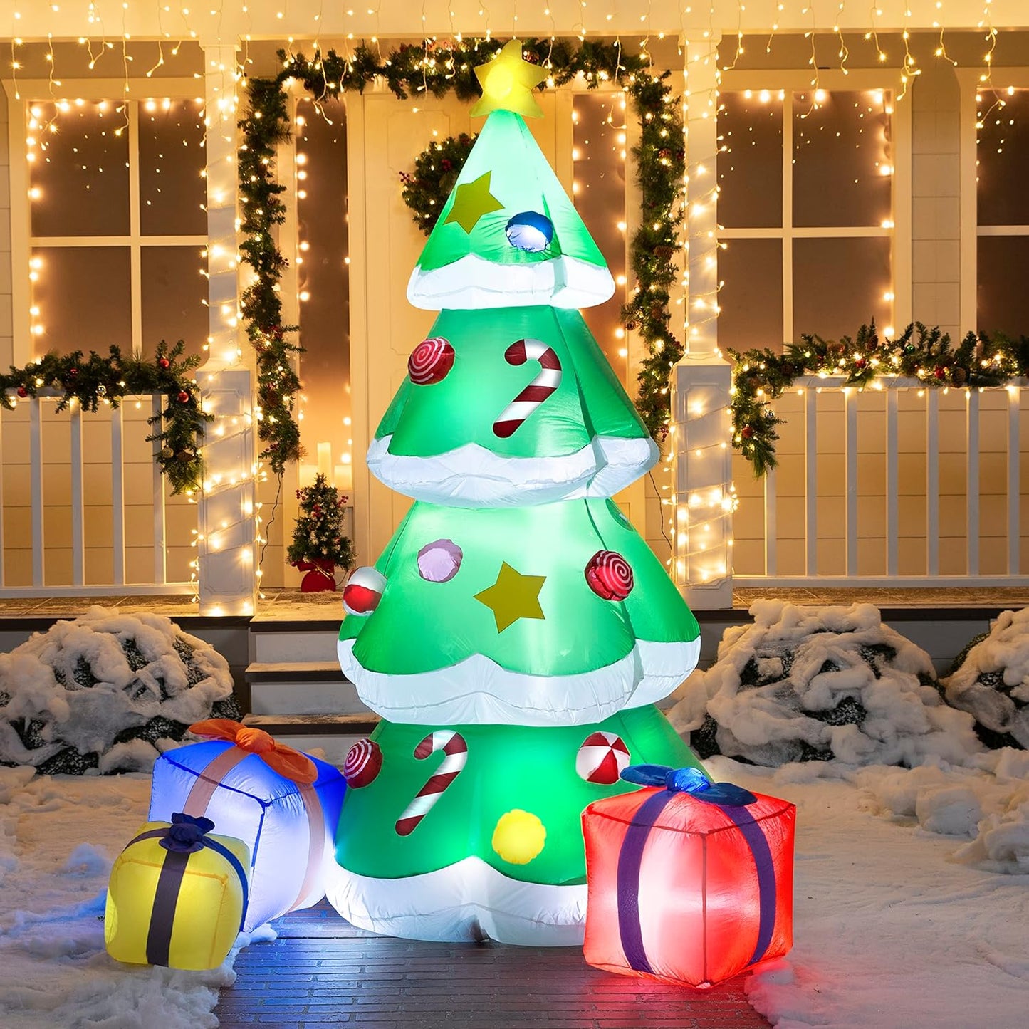 Joyfy 7 FT Christmas Inflatables Christmas Tree Outdoor Decorations,Giant Christmas Inflatable Tree with 3 Gift Boxes Blow Ups Yard with Built-in LEDs for Holiday Party Garden Lawn Decor