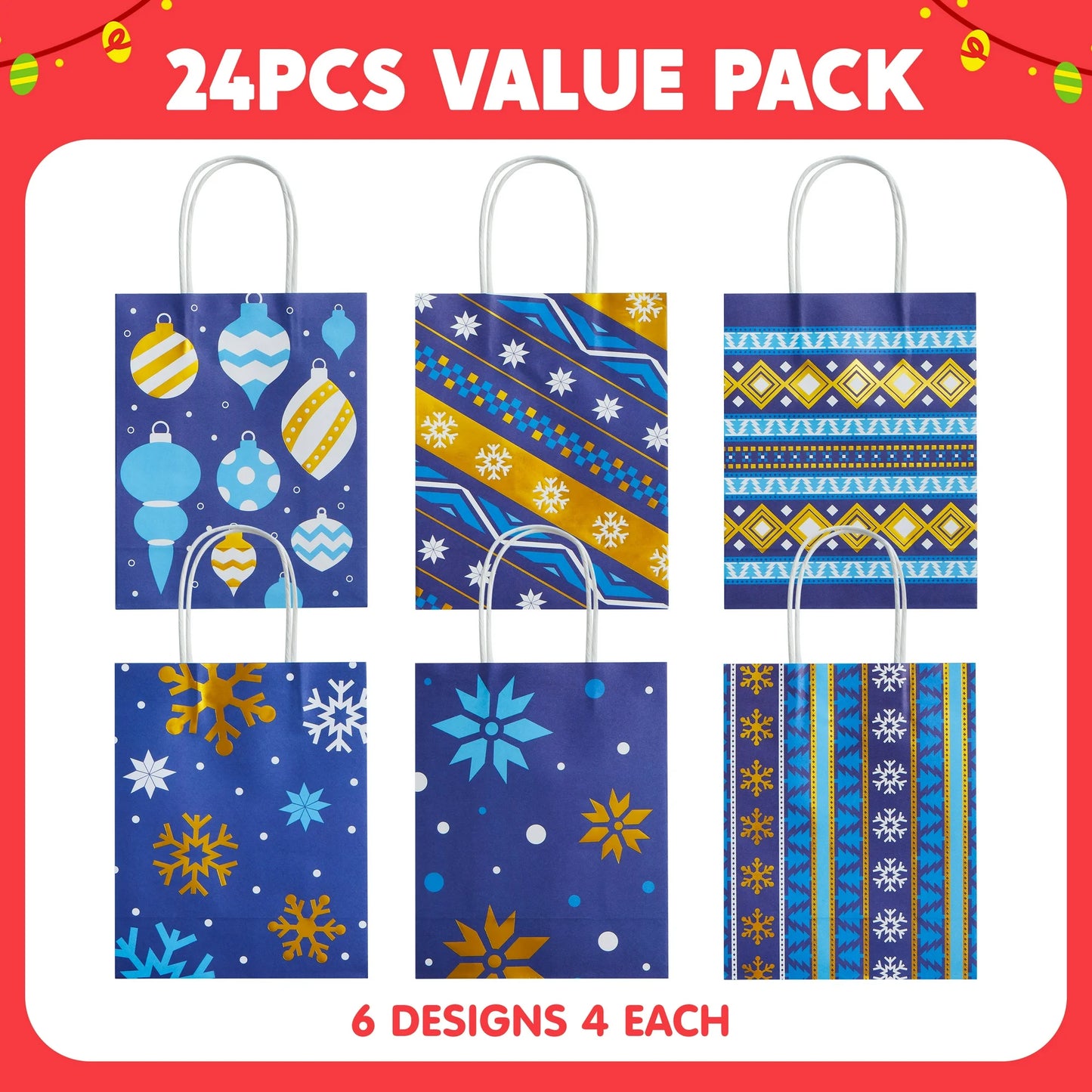 Joyfy 24 Pcs Christmas Kraft Gift Bags with Handle for Holiday Paper Gift Bags, Christmas Goody Bags, Xmas Gift Bags, School Classrooms Party Favors Supplies
