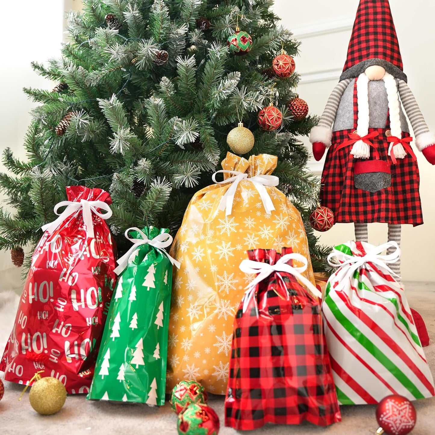 Joyfy 36 Pcs Christmas Drawstring Gift Bags Assorted Sizes Reusable Plastic Bag for Christmas Party Holiday, Party Favor, Presents Wrapping Gift Bags