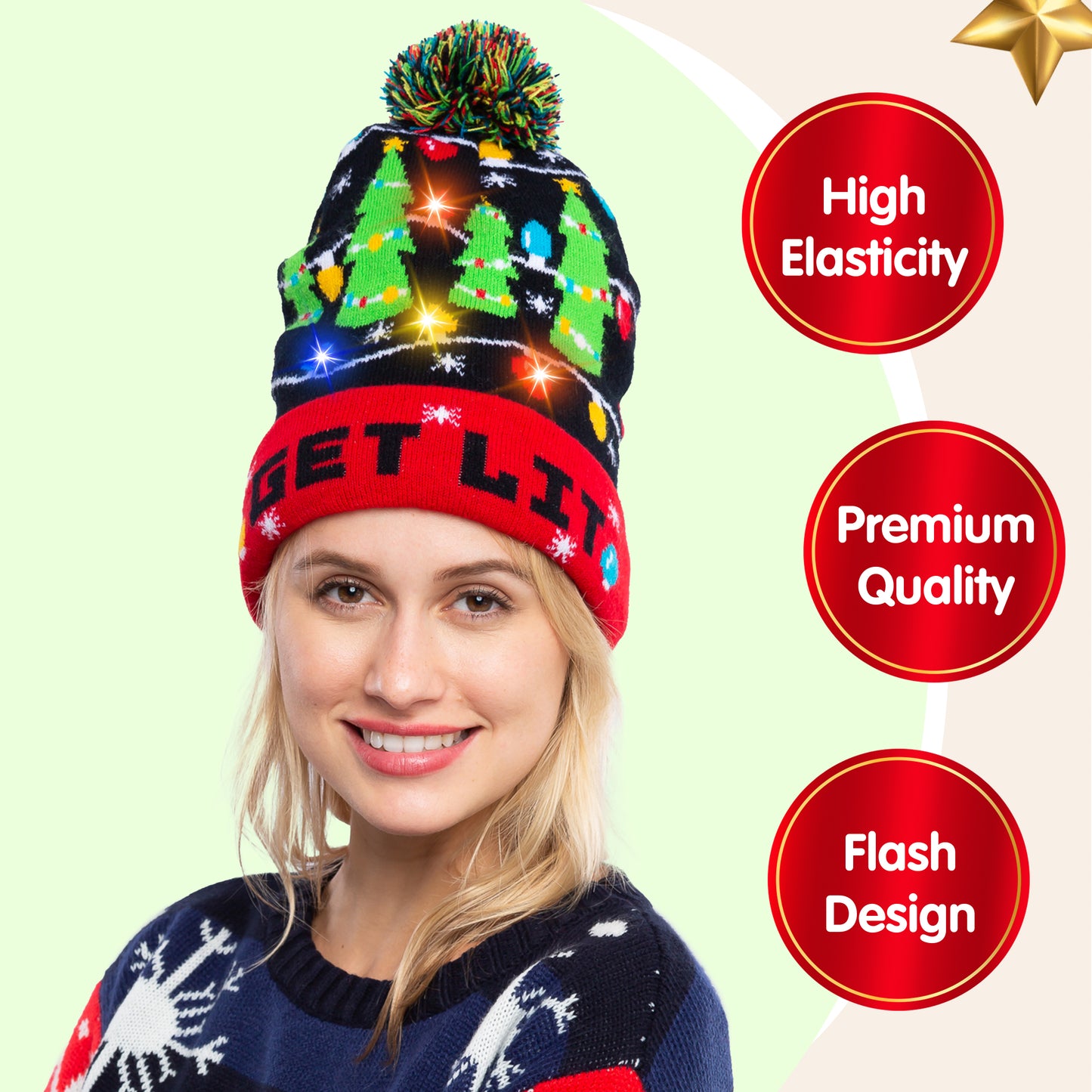 Joyfy 1 Pack LED Christmas Hat,Light Up Ugly Christmas Beanies for Adults,Women Mens Gifts for Christmas,Funny Hats Christmas Party Favors Christmas Accessories Winter Hat