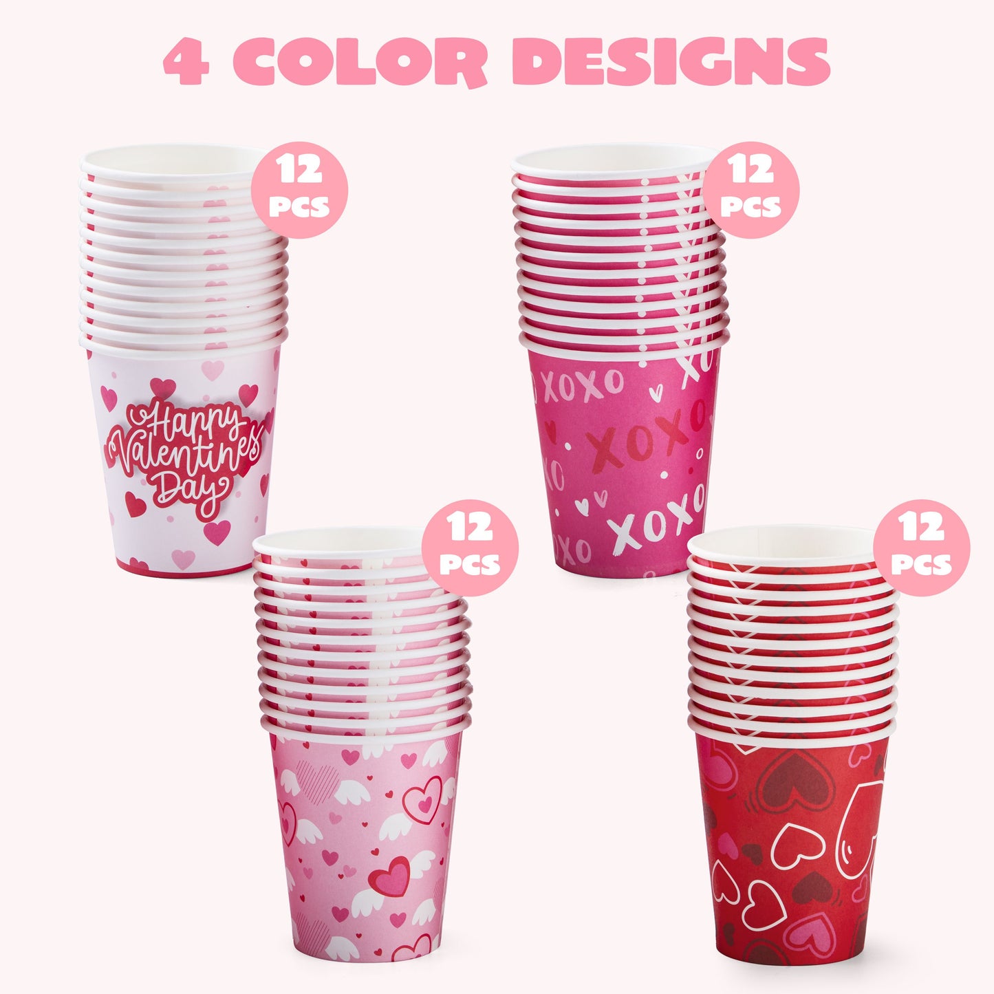 48 PCS Valentine's Day Disposable Cups Party Supplies 9 oz Paper Cocoa Cups,Valentine Party Drinkware Supplies for Coffee Tea Beverage with Pink Red Heart Love Design