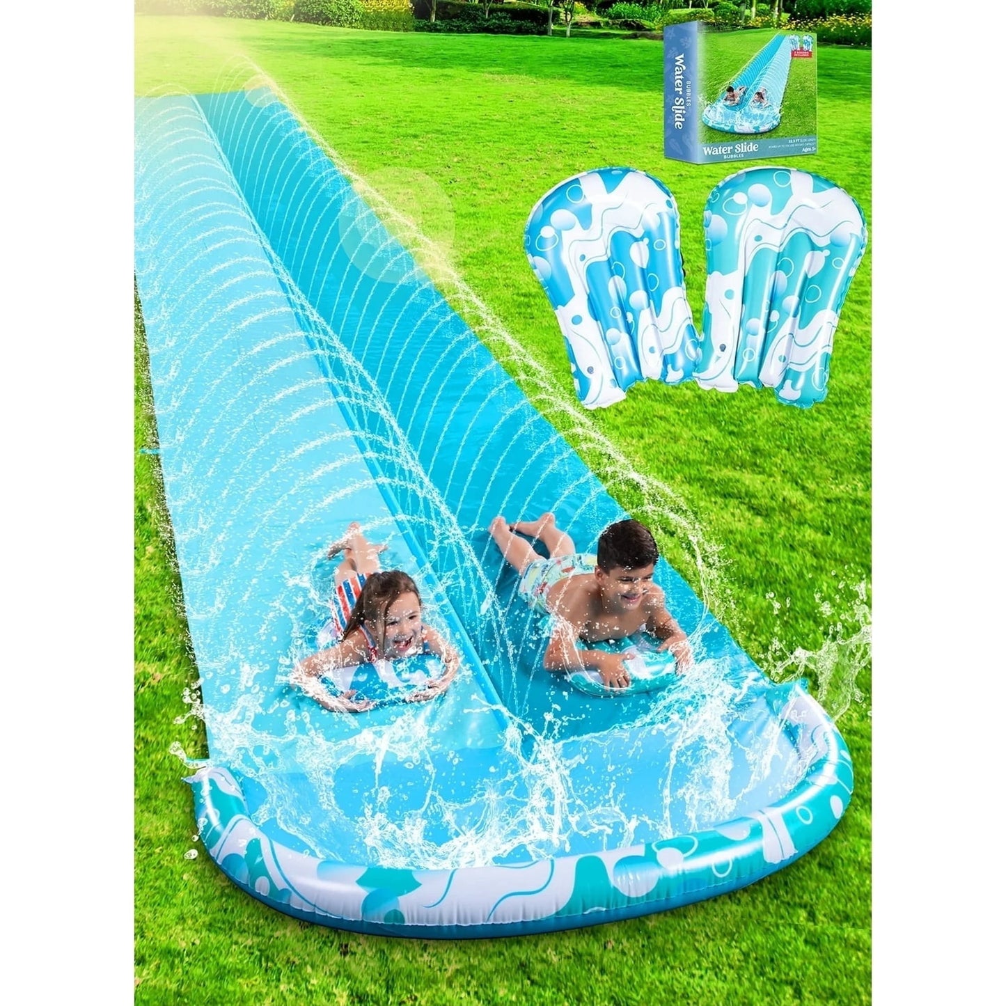 JOYFY Water Slides with 2 Inflatable Boards, 22.5ft Backyard Outdoor Lawn Slip Waterslide with Sprinklers Summer Toy for Summer Party Yard Lawn Outdoor Water Play Activities