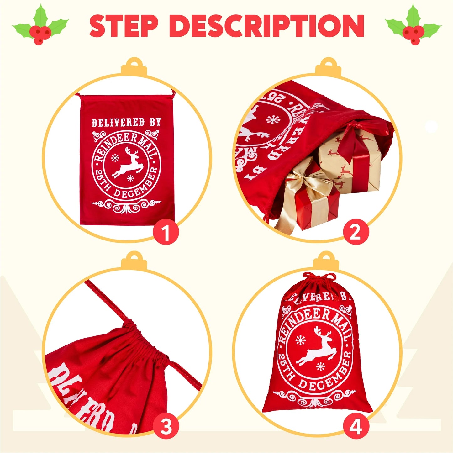 Joyfy Christmas Drawstring Gift Bag Santa Burlap Sack 26" x 19" Cloth Pouch for Xmas Presents Package, Event Party Supplies, Christmas Party Favors
