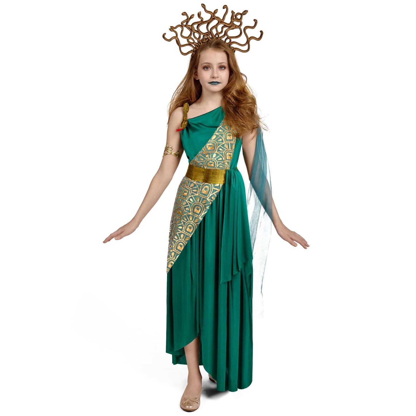 Joyfy Medusa Costume for Girls, Child Green Medusa Dress with Headpiece Armlet for Kids Halloween Party Dress up Cosplay
