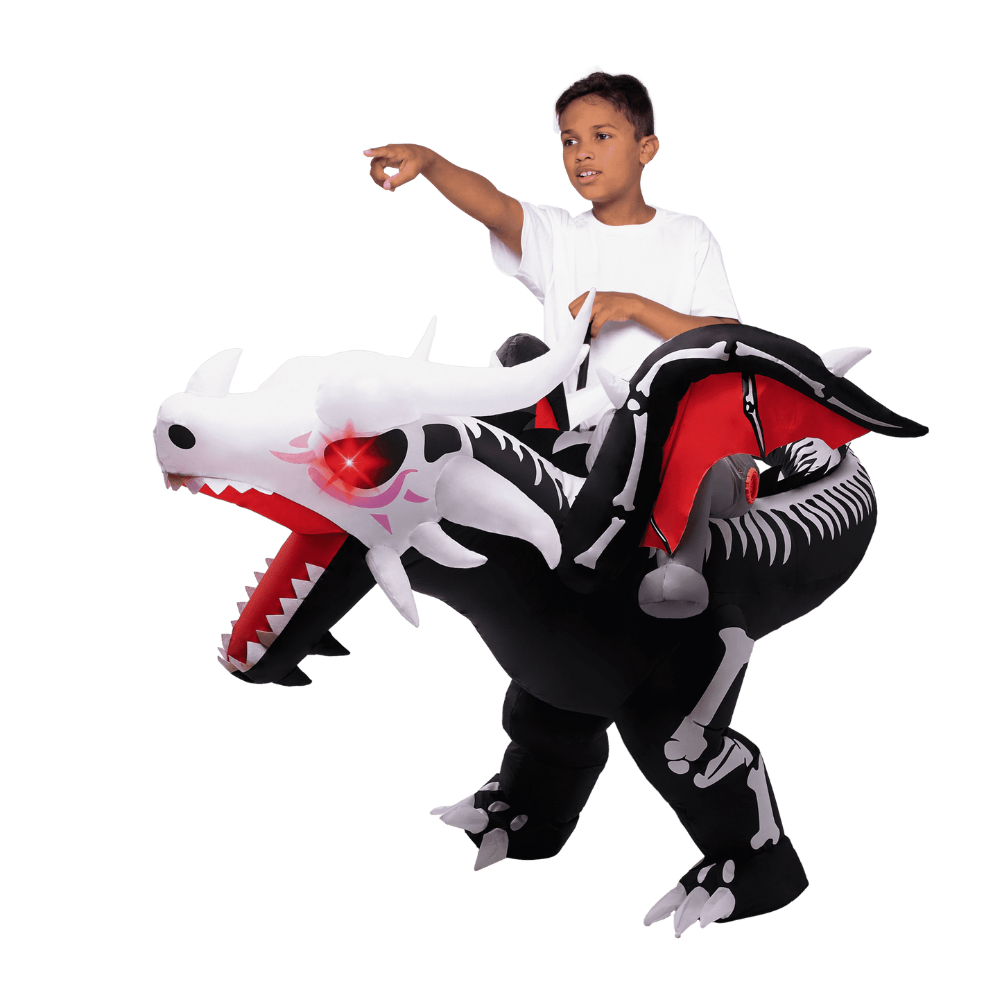 Joyfy Halloween Inflatable Costume for Kids, LED Light Eye Inflatable Dragon Skeleton Costume, Deluxe Horse Riding Costume for Halloween Costume Party