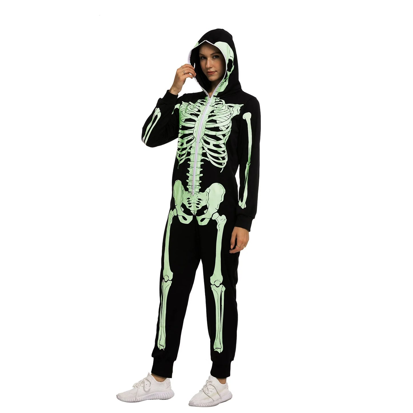 Spooktacular Creations Skeleton Glow Hoodie for Adult, Jumpsuit Pajama Jumpsuit for Halloween Costume for Women, Themed Party Dress UP, L