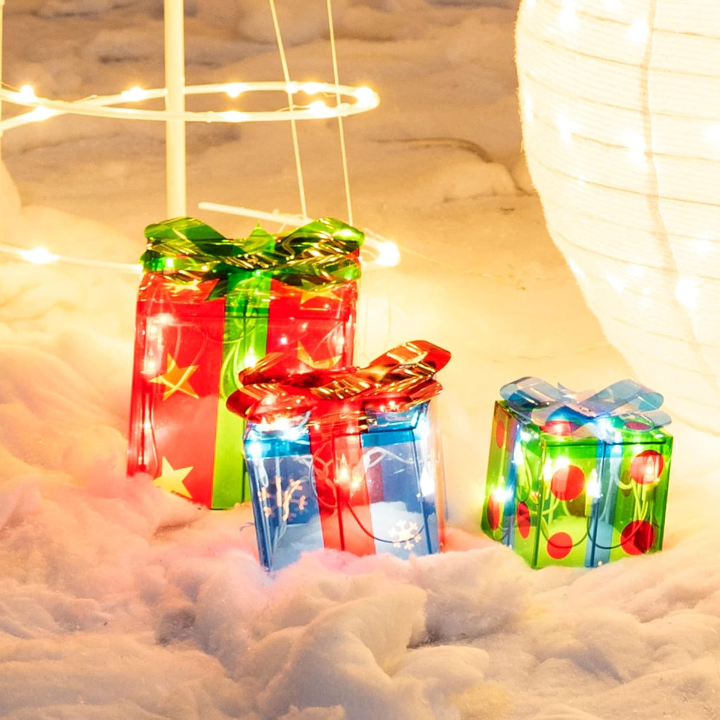 SYNCFUN 3 Pcs Gift Boxes Light Christmas Outdoor Decorations,50 Star Pre-Lit LED Present Boxes Christmas Decorations,Christmas Yard Christams Tree Holiday Decor