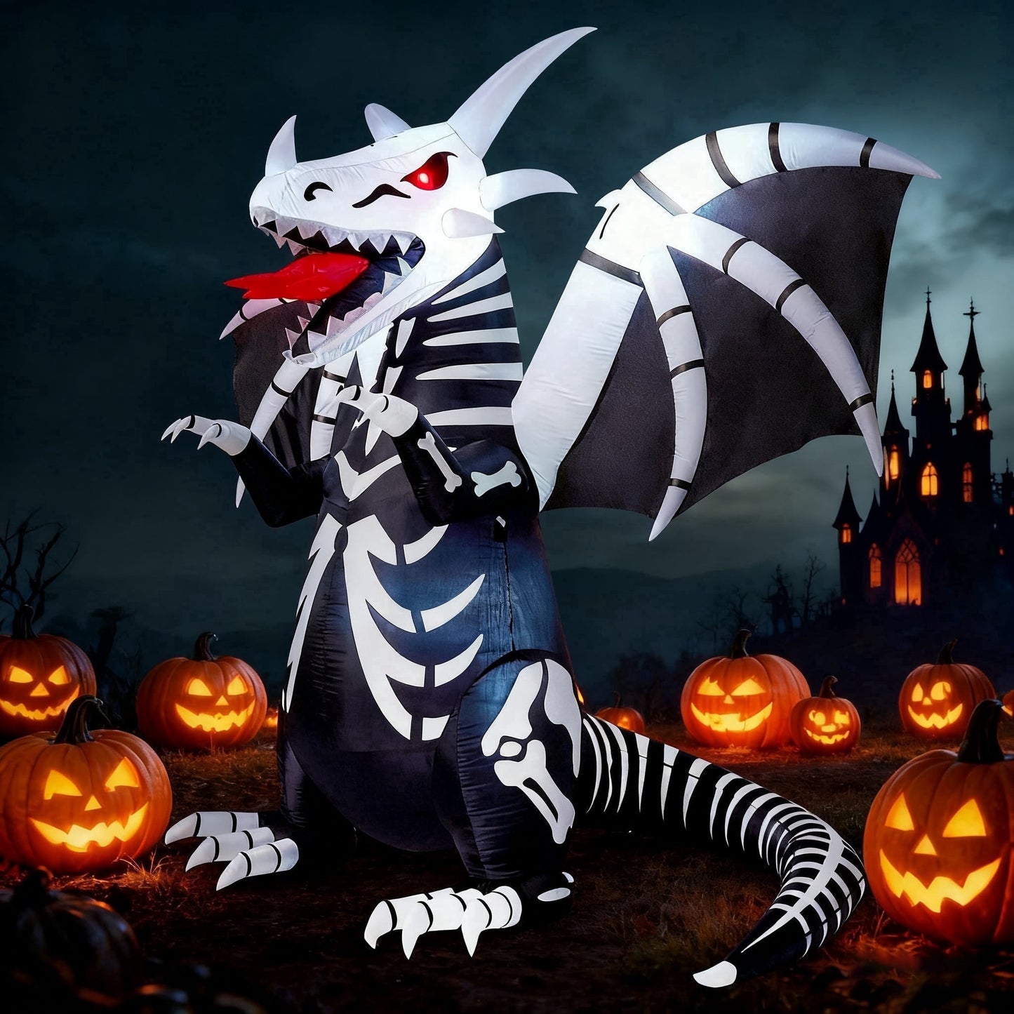 Joyfy 8ft Halloween Inflatable Skeleton Dragon with Build-in LEDs Decorations,Halloween Outdoor Decorations Blow up Yard Decorations