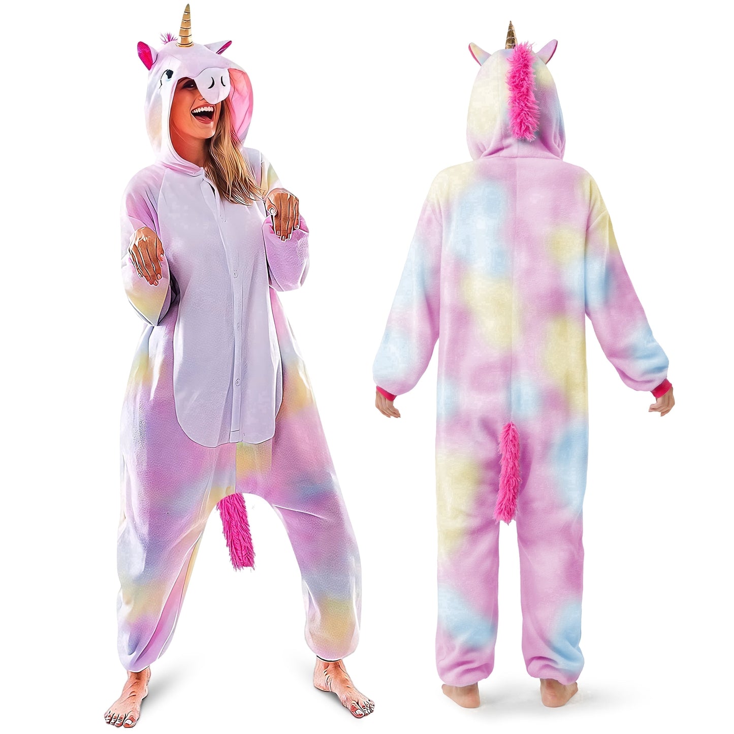 Joyfy Unicorn Pajama Costume for Adults, Plush One Piece Jumpsuit for Halloween Party, Cosplay, Role Play and Dress Up