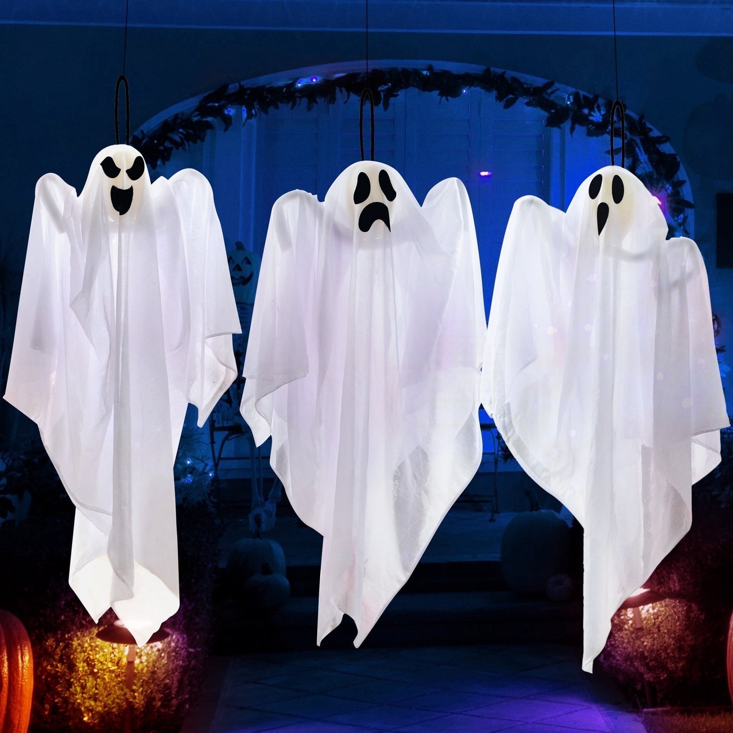Joyfy 3 Pack Halloween Hanging Ghosts Decorations,27.5 Cute Scary Flying Ghosts Outdoor Hanging Halloween Decorations Yard Decorations