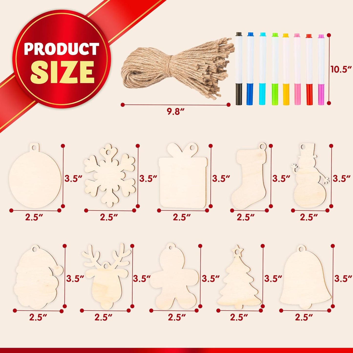 SYNCFUN 100 Pcs Christmas Wooden Hanging Ornaments with 8 Colored Pens, Unfinished Wood Ornaments Bulk for Kids Make Your Own Craft, DIY Coloring Ornament Gifts for Xmas Tree Decor Party Supplies