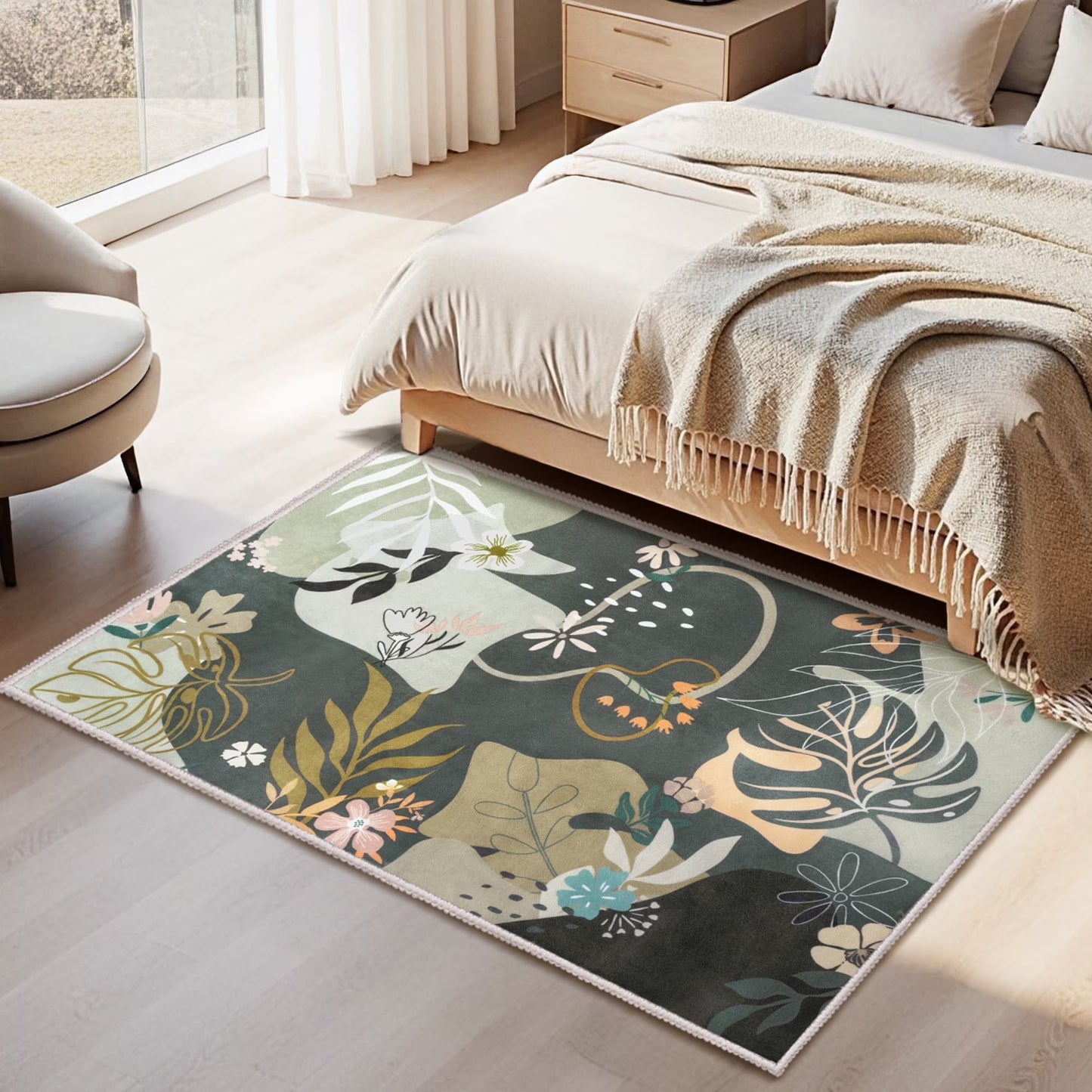 Joyfy Washable Floral Area Rug 4'x6' Non-Slip Soft Carpet with Rubber Backing for Living Room, Bedroom, Dining Room, Kids Nursery and Bedside Indoor Use Olive-Green