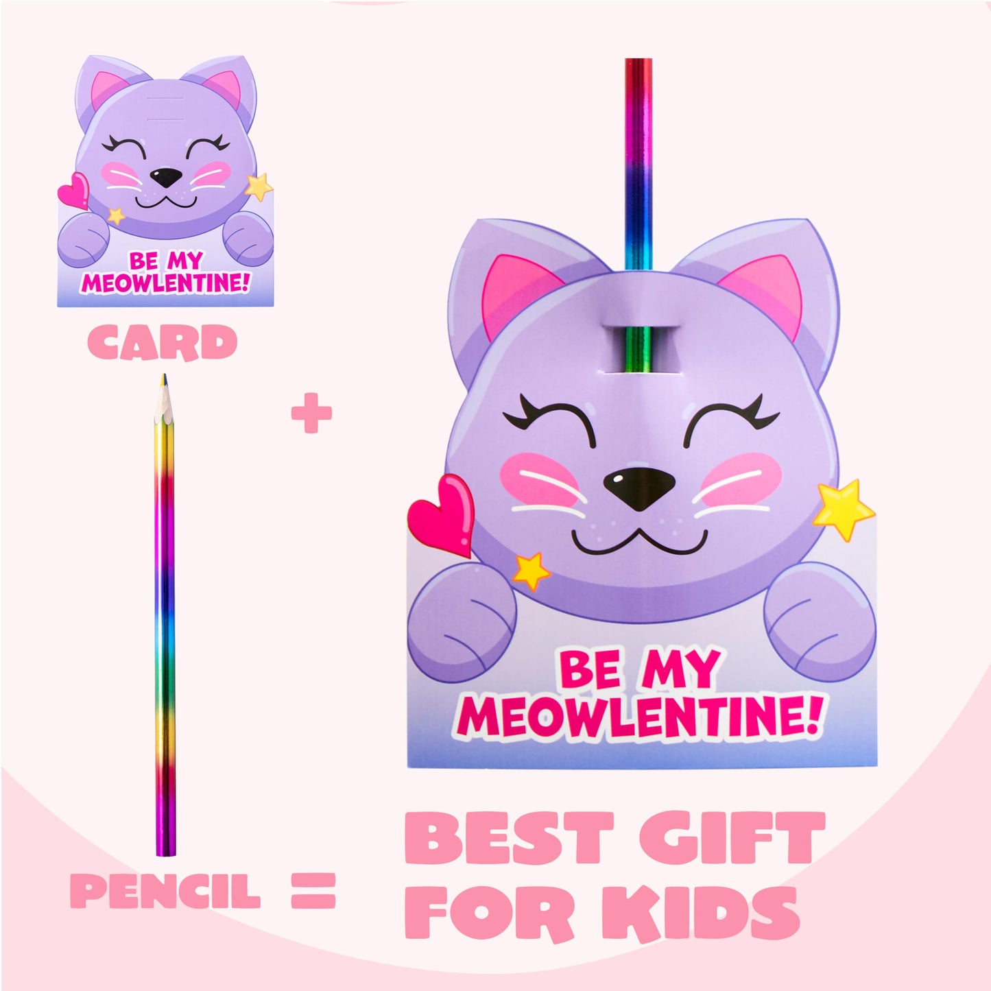 28 Packs Valentines Rainbow Pencil with Cards for Kids Party Favors, Classroom Prize Supplies, Valentines Greeting Cards including Colorful Pencils