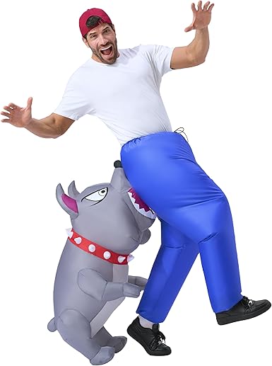 Adults Halloween Inflatable Costumes, Biting By a Dog Blow-up Costumes for Men, Funny Blue Pants and a Vicious Gray Biting Dog Inflatable Suit for Halloween Themed Cosplay Party