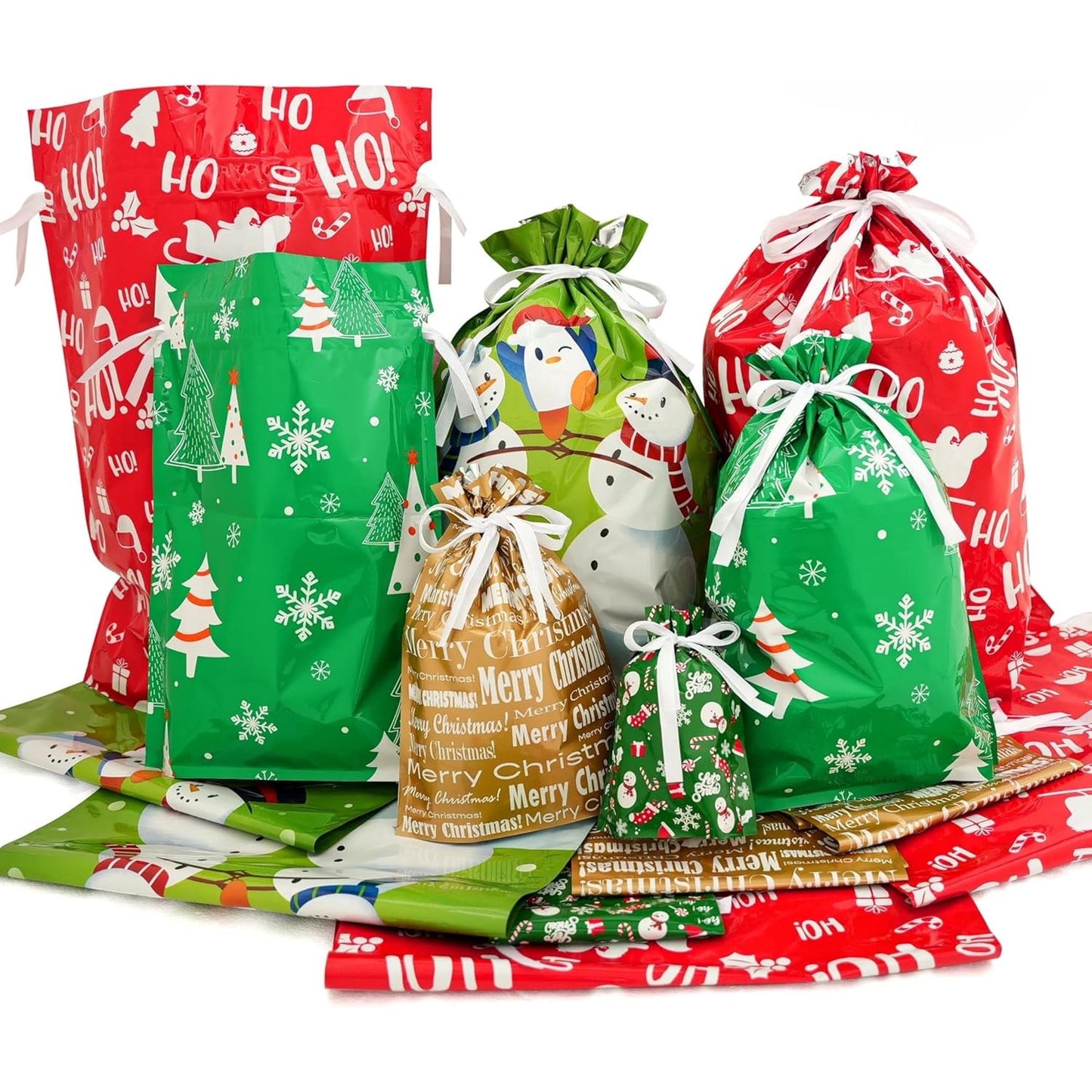 Joyfy 24 Pcs Christmas Drawstrings Foil Gift Bags, Xmas Wrapping Gift Assorted Size with Present Tag for Christmas Holiday Party Favor, Reusable Wrap Goodie Bag Decorations