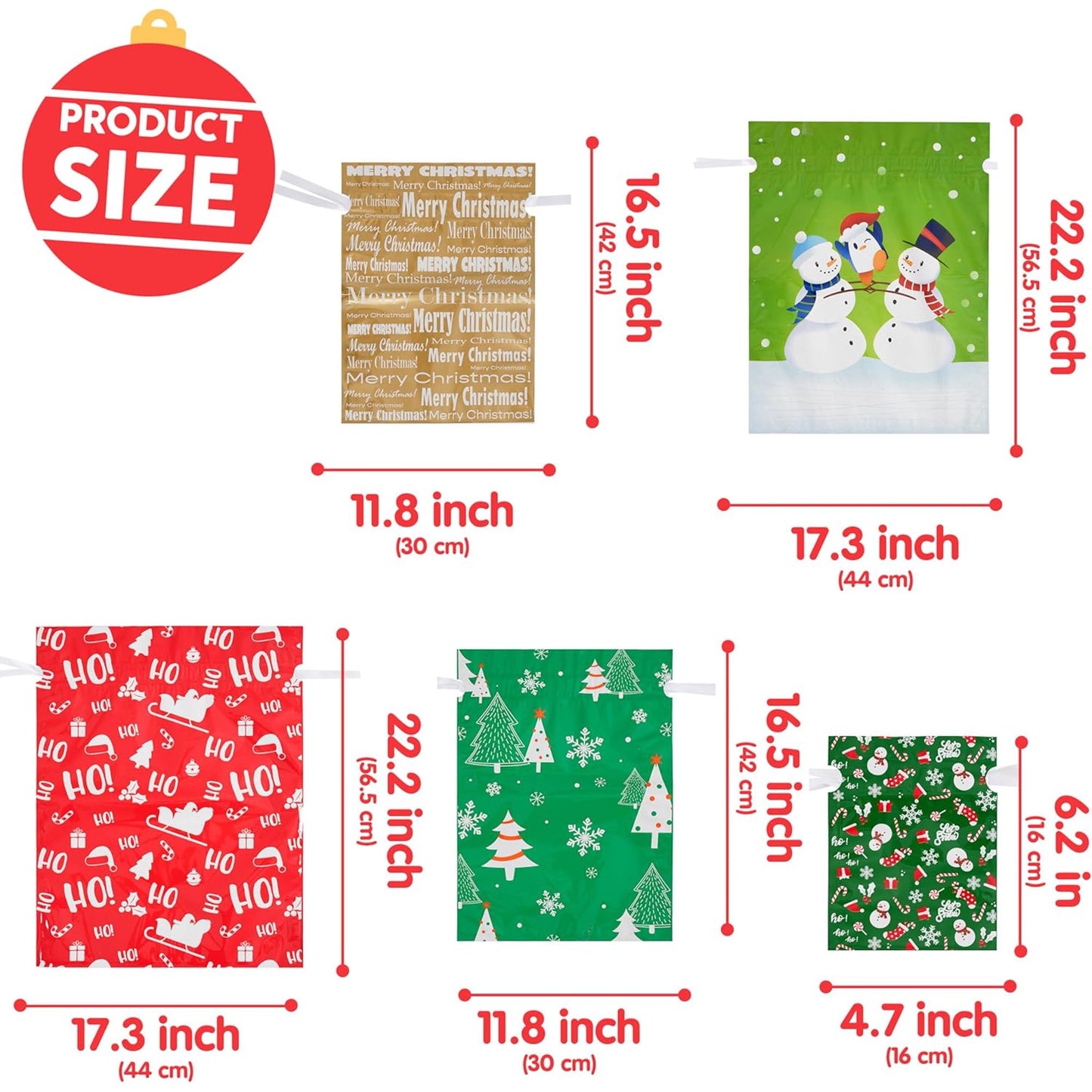 Joyfy 24 Pcs Christmas Drawstrings Foil Gift Bags, Xmas Wrapping Gift Assorted Size with Present Tag for Christmas Holiday Party Favor, Reusable Wrap Goodie Bag Decorations