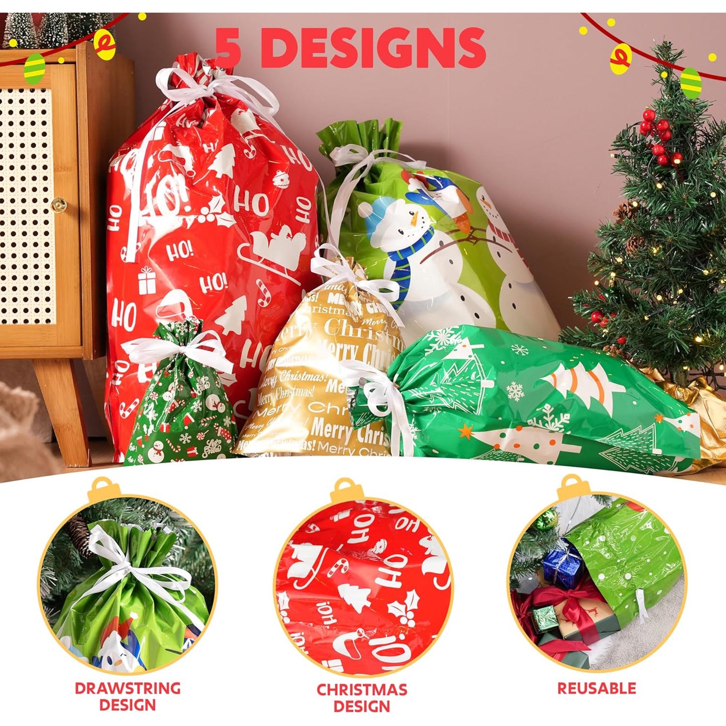Joyfy 24 Pcs Christmas Drawstrings Foil Gift Bags, Xmas Wrapping Gift Assorted Size with Present Tag for Christmas Holiday Party Favor, Reusable Wrap Goodie Bag Decorations