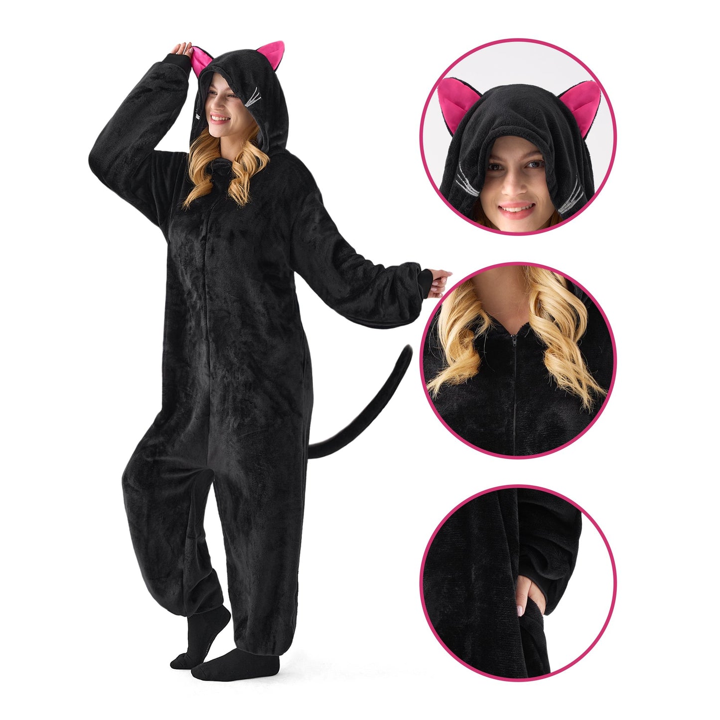Joyfy Adult Unisex Pajamas, Black Cat Zipper Hooded Pajamas, Black Cat Hooded Jumpsuit for Halloween Cosplay Costumes