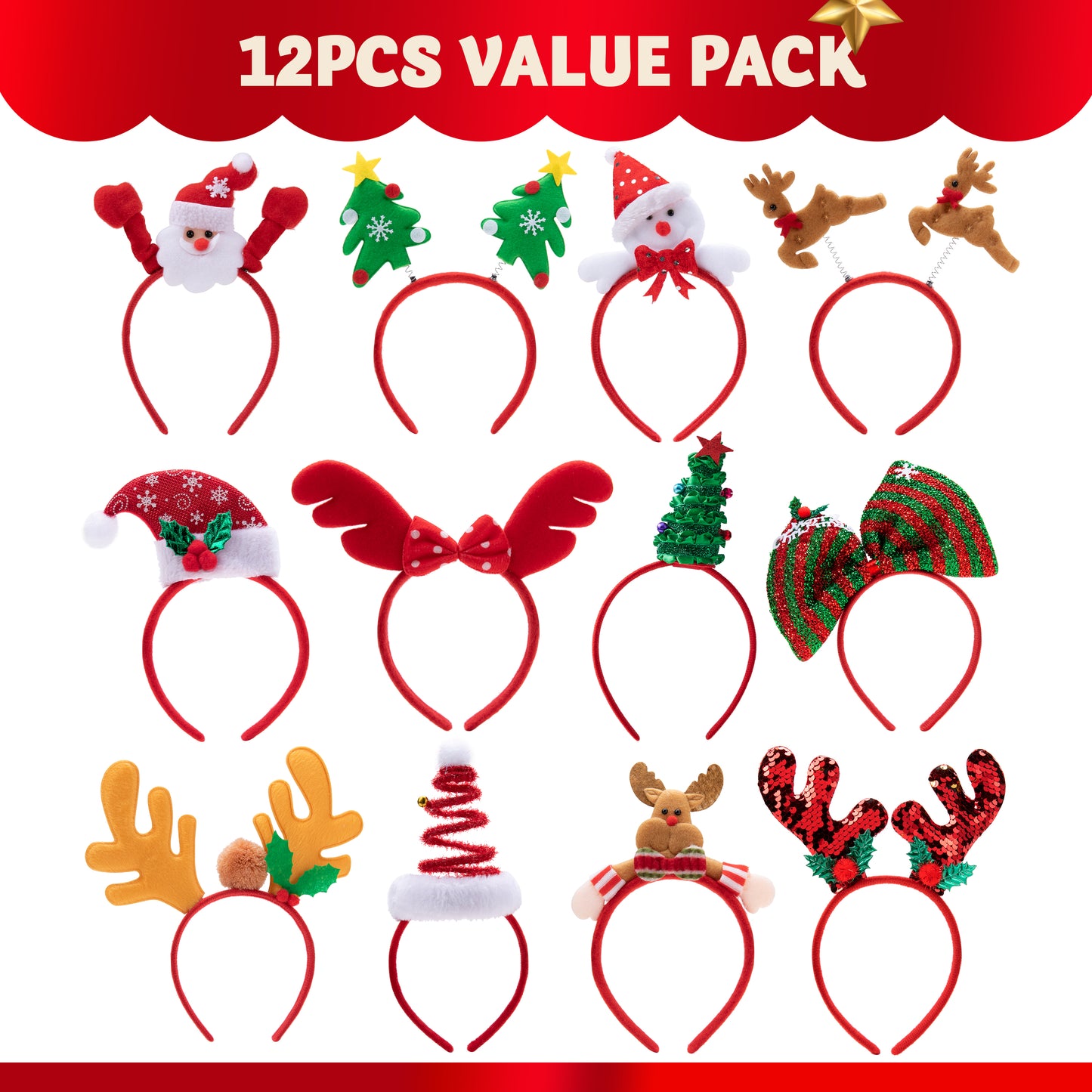 SYNCFUN 12 Pcs Christmas Headbands Assorted Design for Xmas Party Supplies Party Favors (One Size Fits All)