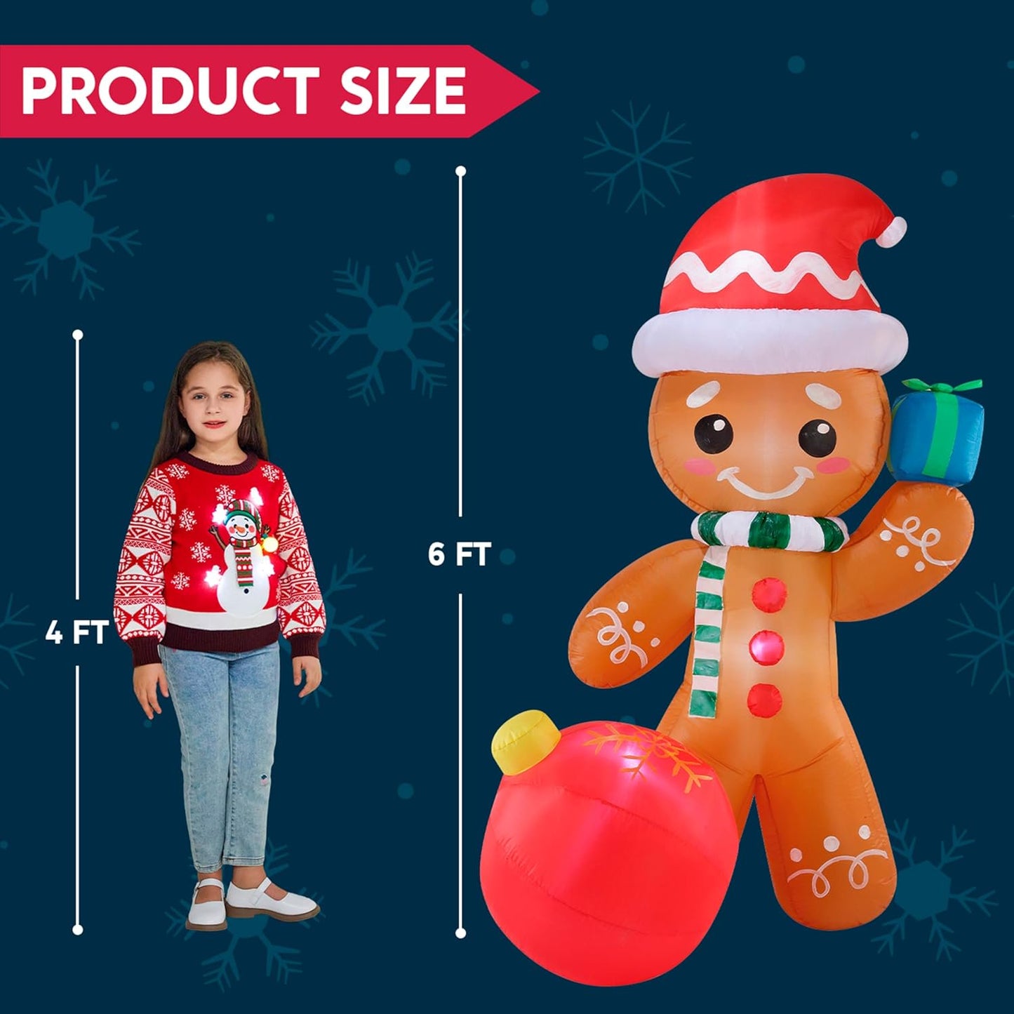 Joyfy 6 ft Christmas Inflatables Gingerbread Outdoor Decorations,Gingerbread with Ornament Blow Ups with Built-in LEDs for Holiday Party Garden Lawn Yard Decor