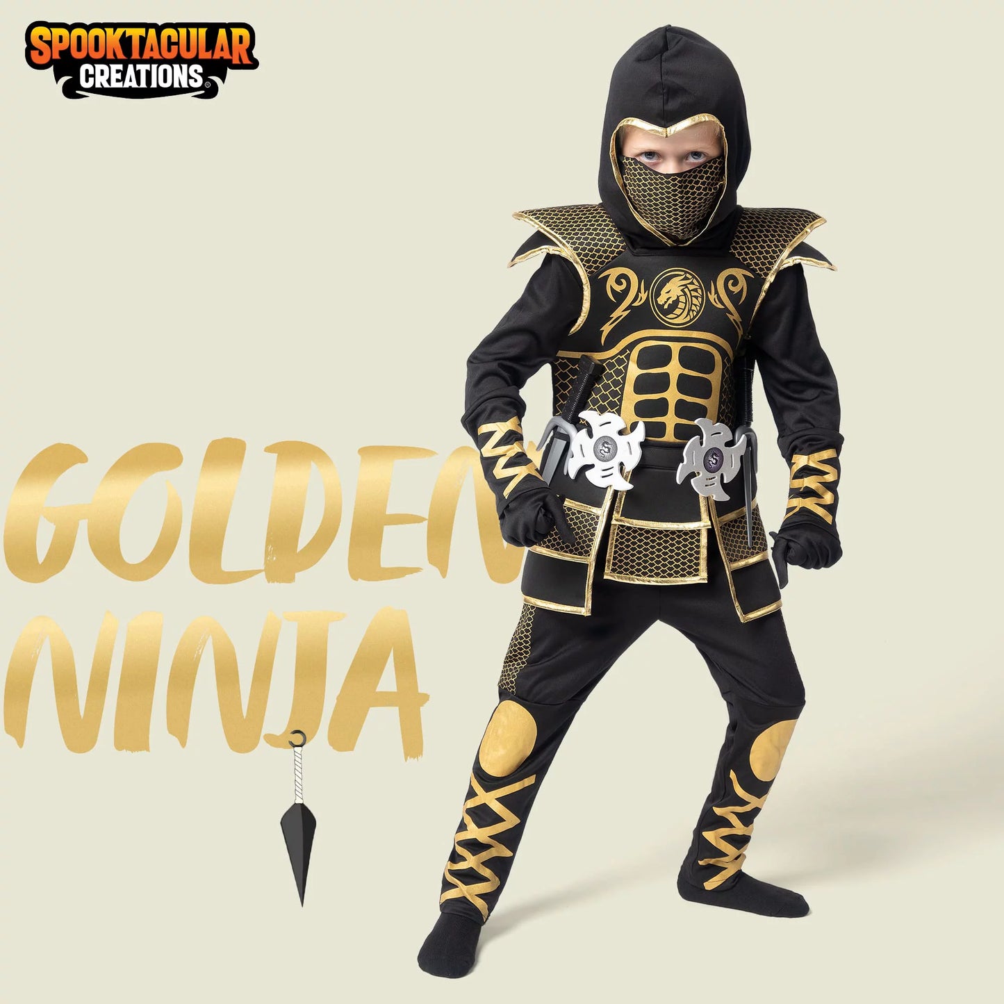 Spooktacular Creations Kids Golden Ninja costume for Boys Halloween Dress Up, Costume Ninja Toddler, Ninja costume t Role Play-M