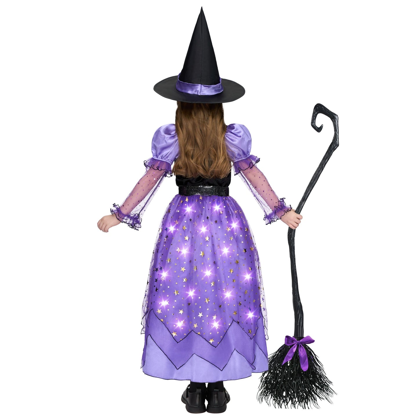 Syncfun Light Up Witch Costume Set for Girls, Starry Witch Dress with Broom Belt Hat for Kids and Toddlers, Perfect for Halloween Party Dress-Up Cosplay (5-12 Years)