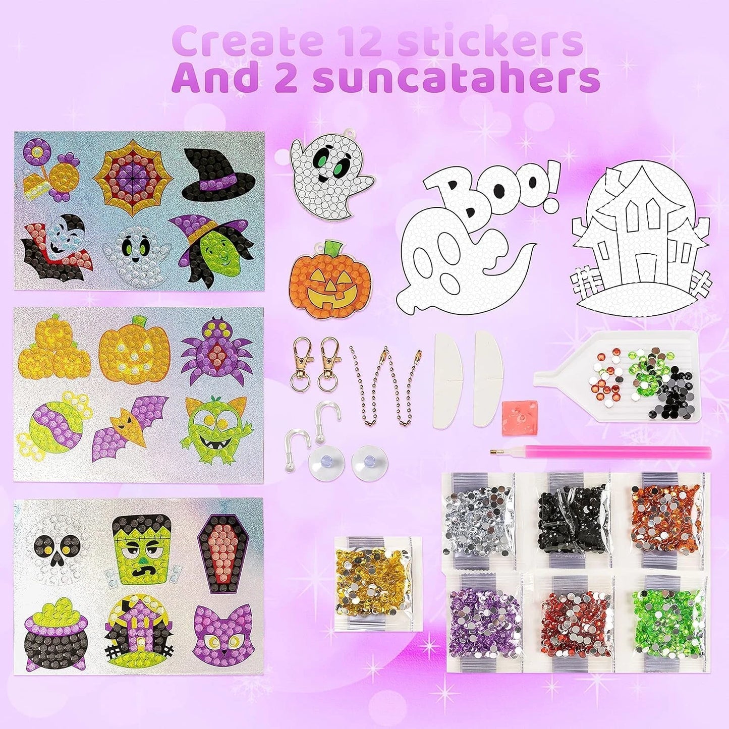 Joyfy Halloween Crafts for Kids,Gem Art Kit Diamond Painting Kit with Stickers,Suncatchers,and Keychains,Halloween Party Supplies Halloween Arts and Crafts