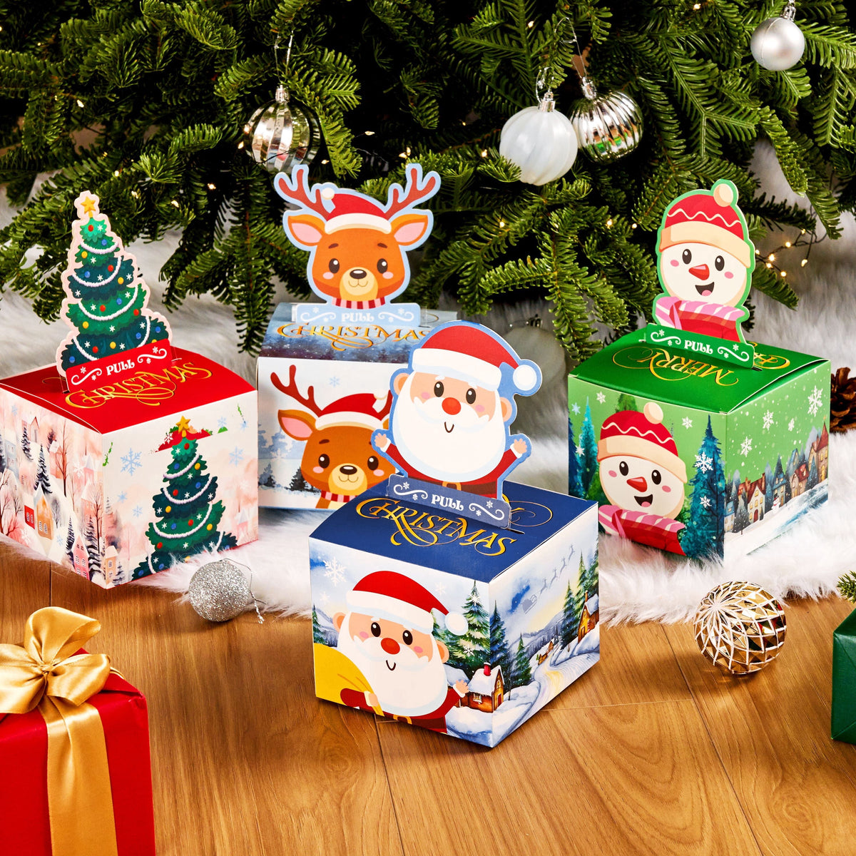 Joyfy 4 Pcs Christmas Money Box for Cash Gift Pull, Surprise Box Gift Boxes for Money, Xmas Holiday Birthday Cash Boxes with 200PCS Transparent Bags for Kids Adults Gifts Giving, Family Party Favors