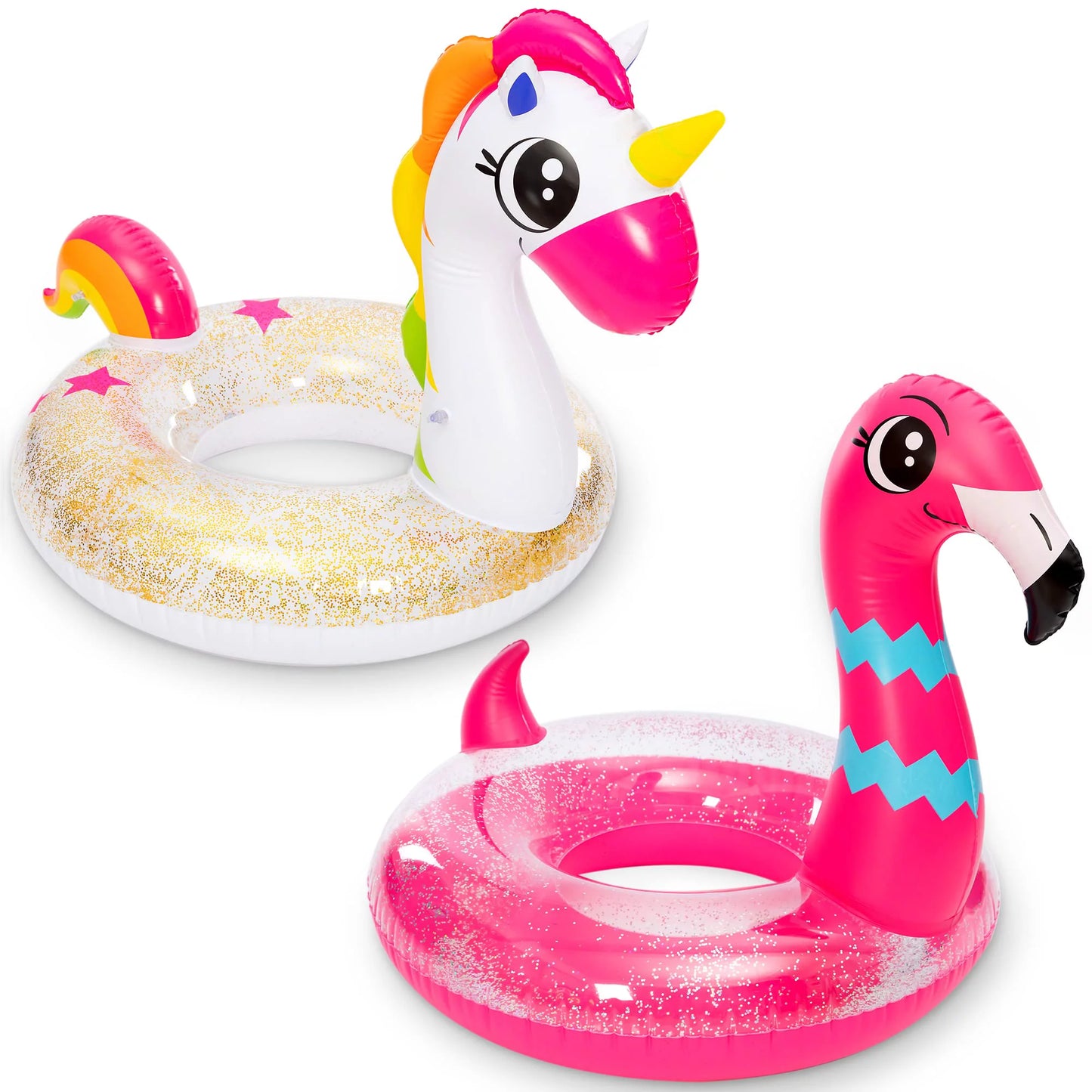 JOYIN 2 Set unicorn & Flamingo Pool Float with Glitters 35.5”, Pool Tubes for Floating, Fun Beach Floaties, Pool Toys, Summer Pool Beach Outdoor Party Supplies Party Toys for Kids