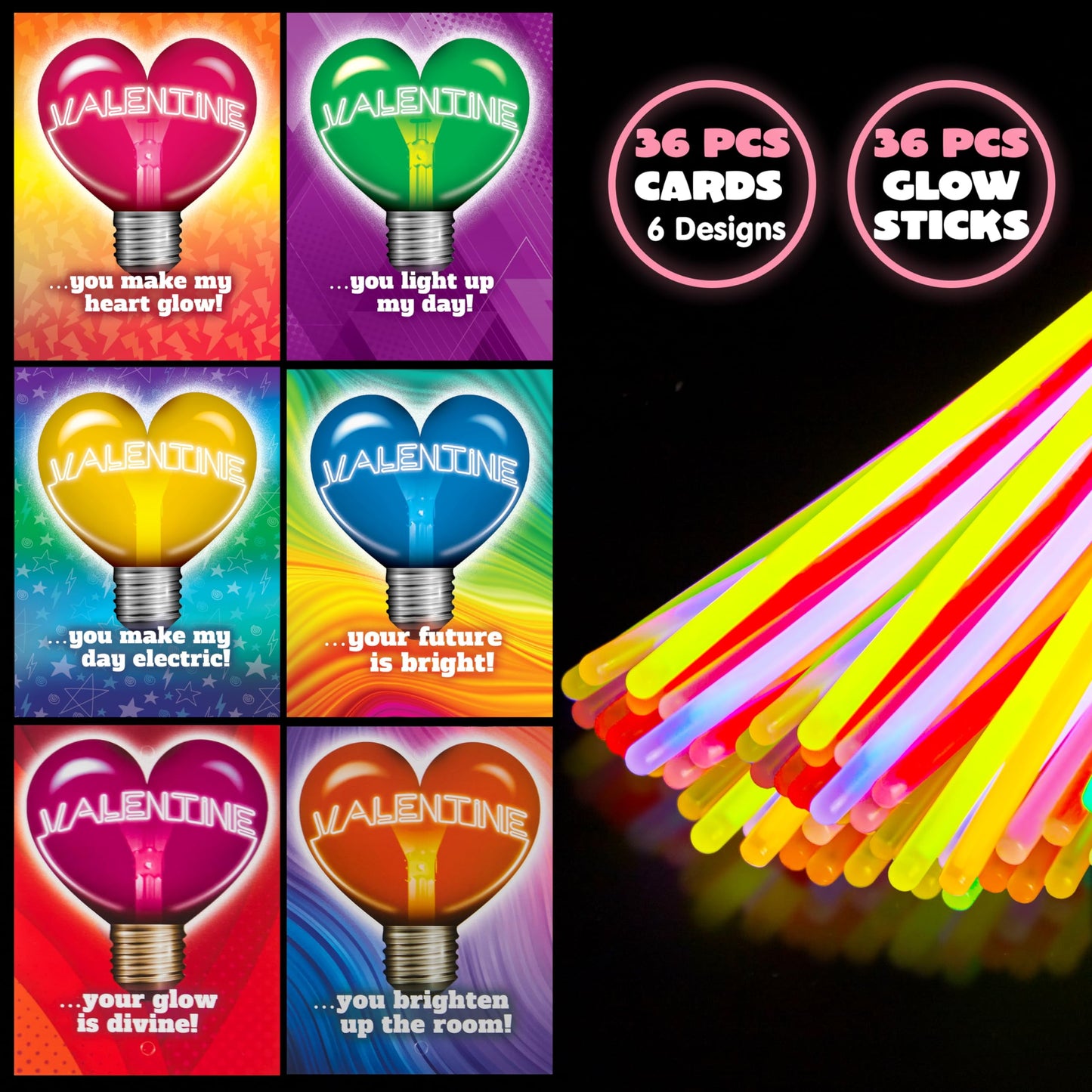 36 Packs Glow Sticks Bracelet with Neon Valentines Day Gift Cards Valentine Exchange Cards for Kids Class Valentines Party Favors