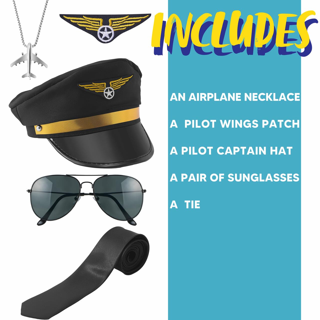 Joyfy 5 Pcs Halloween Pilot Captain Costume Accessories Set with Aviator Sunglasses,Tie,Pilot Hat,Wings Patch and Necklace,Cosplay Accessories for Kids and Adults Dress Up