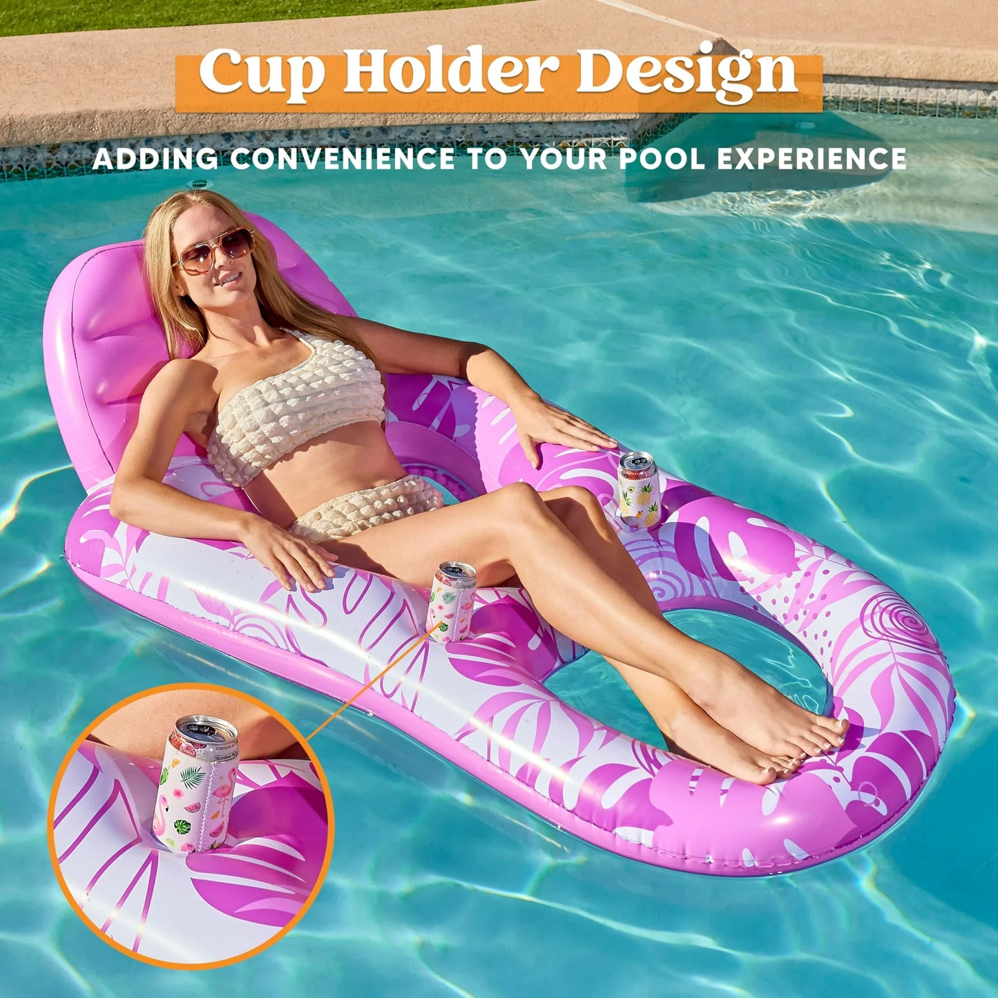 Syncfun Pool Lounge Float for Adult, Inflatable Pool Floats Lounger Raft Floaties with Cup Holders, Pink Pool Chair
