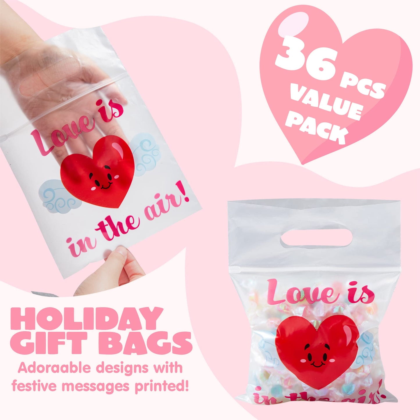 36 Pcs Valentine's Day Cellophane Bag with Designs,Candy Goody Treat Gifts Bags for Kids Classroom,Valentine Bags for Kids