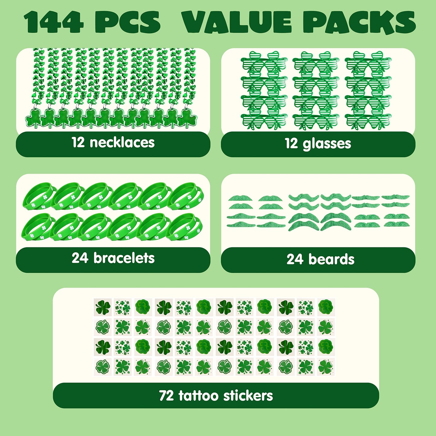 144 St. Patrick's Day outfit accessories set, 12 pairs of green clover glasses, 12 bead necklaces