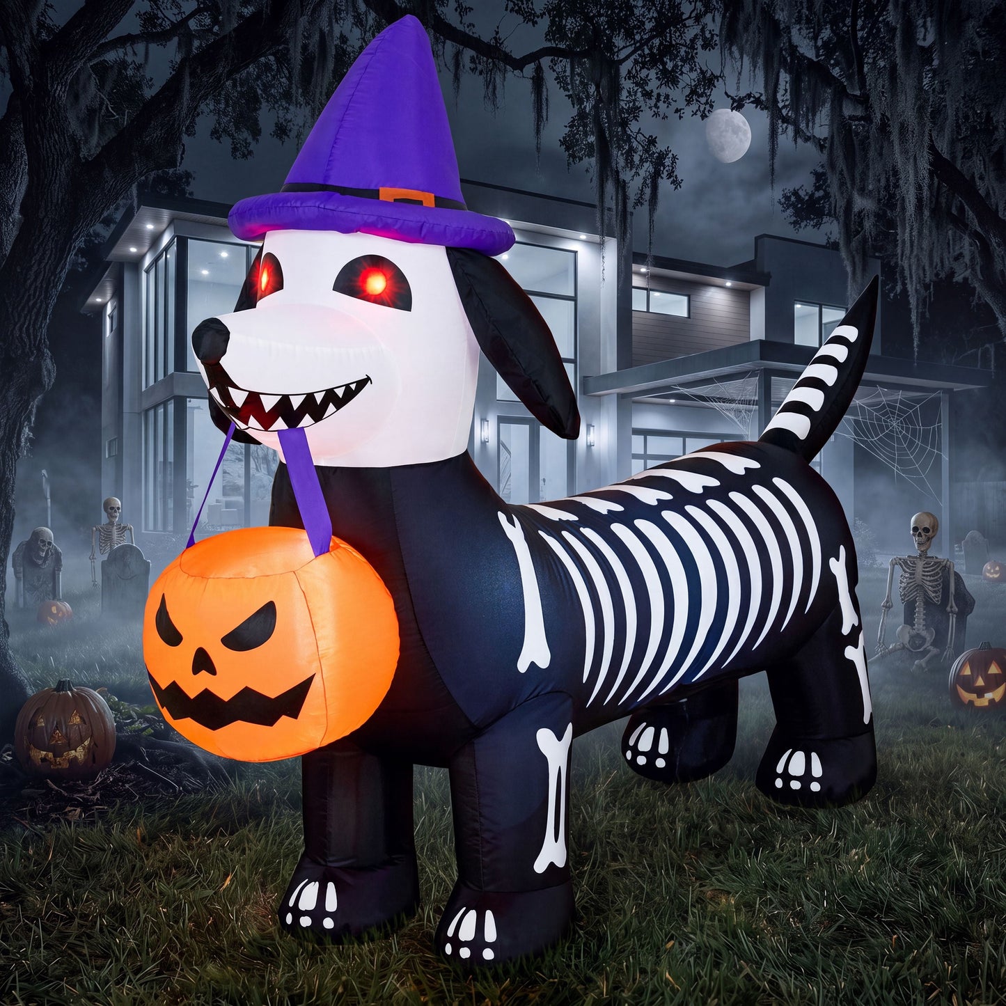 Joyfy 5.7 ft Long Halloween Inflatable Skeleton Dog & Pumpkin,Outdoor Dog Blow Up Decoration with Built in LED Light for Yard Garden Party