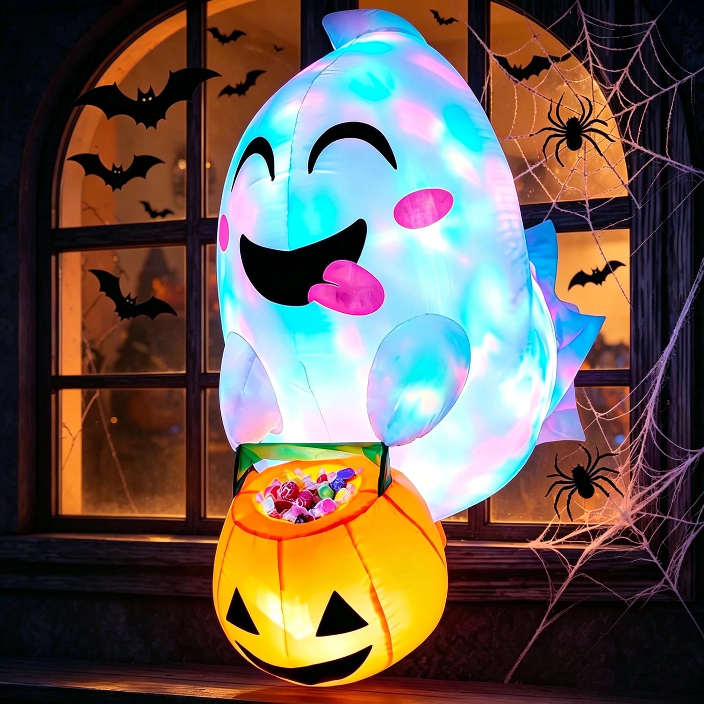 Joyfy 4.5 FT Halloween Inflatable Outdoor Cute Flying Ghost with Pumpkin Candy Basket Broke Out from Window with Built-in LED Blow Up Inflatable for Window Decoration Yard