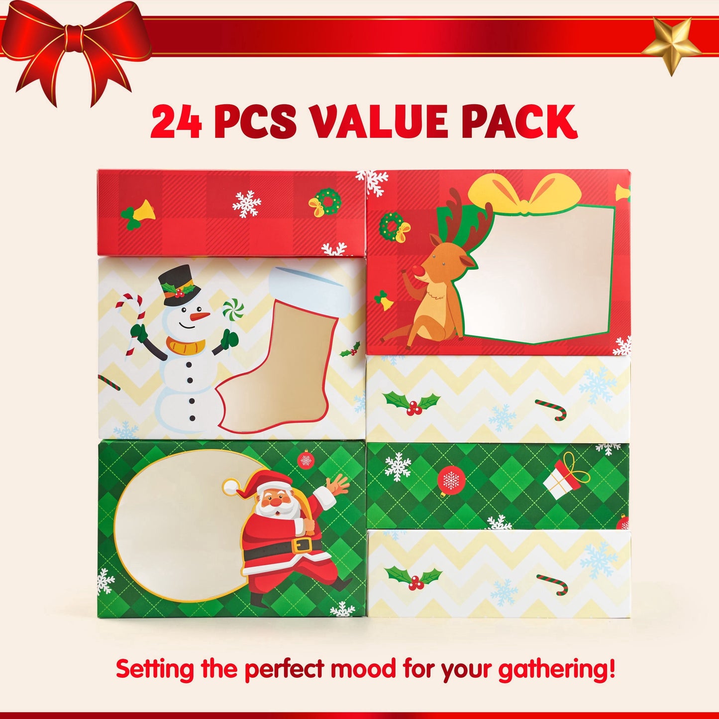 Joyfy 24 Pcs Christmas Cookie Boxes for Gift Giving, Xmas Holiday Birthday Bakery Treat Boxes with Window, Kraft Cookie Tin Containers Box for Baked Goods, Cupcake, Pastry, Candy, Doughnut