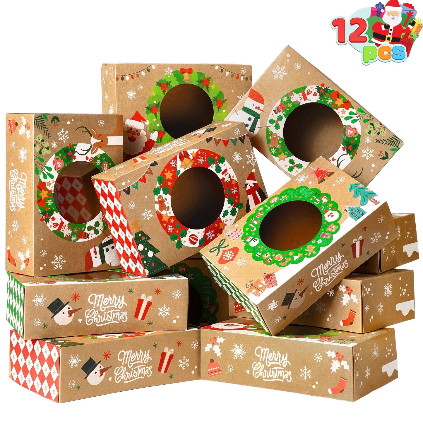 Joyfy 12 Pcs Christmas Cookie Boxes for Gift Giving, Holiday Treat Boxes with Window, Xmas Bakery Boxes for Pastries, Cupcakes, Cookies, Brownies, Donuts Gift Giving