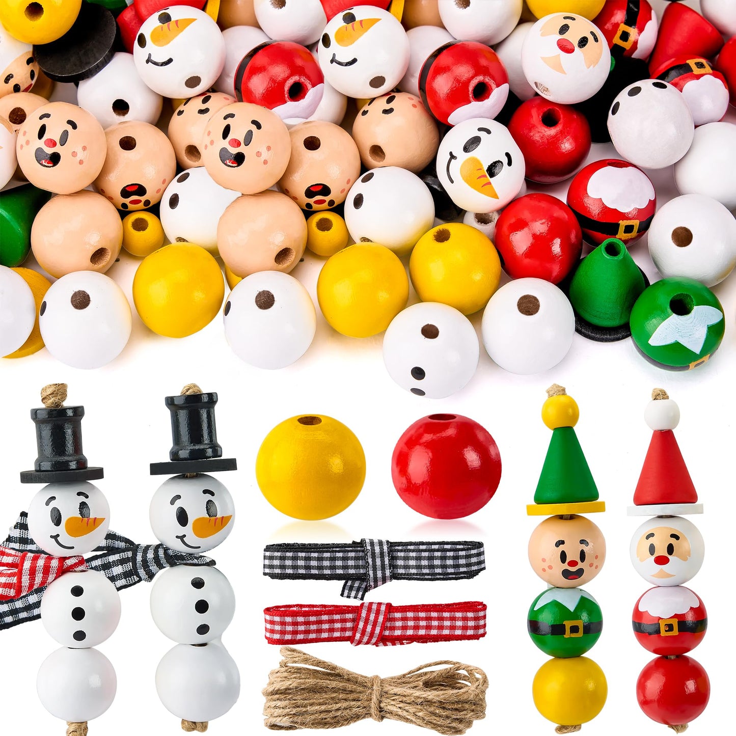 Joyfy 173 Pcs Christmas Wooden Beads Craft, Make Your Own Craft Wood Round Beads Make up to 30 Hanging Ornaments of Snowman, Santa Santa & Elf for Christmas Decoration