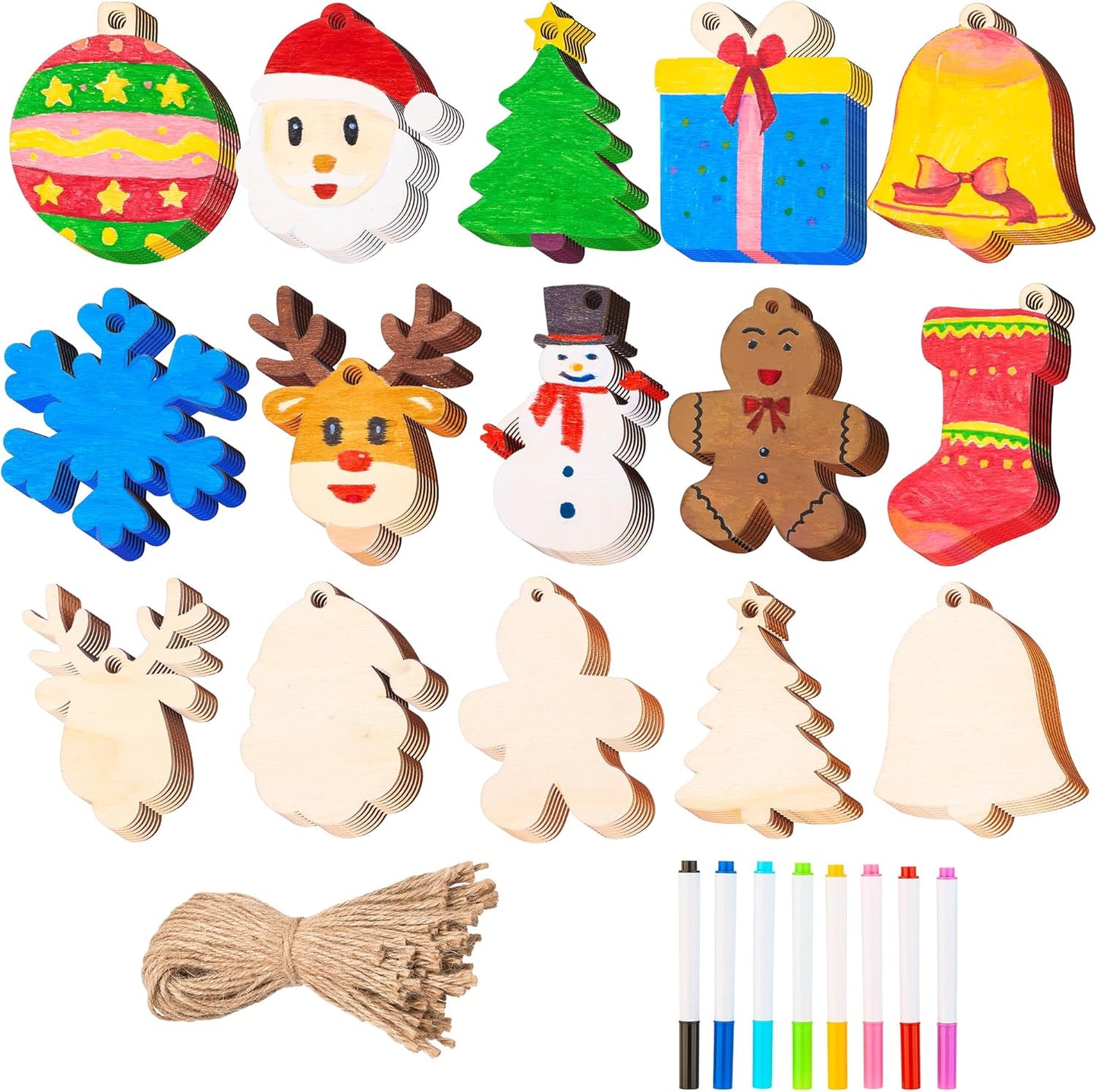 SYNCFUN 100 Pcs Christmas Wooden Hanging Ornaments with 8 Colored Pens, Unfinished Wood Ornaments Bulk for Kids Make Your Own Craft, DIY Coloring Ornament Gifts for Xmas Tree Decor Party Supplies