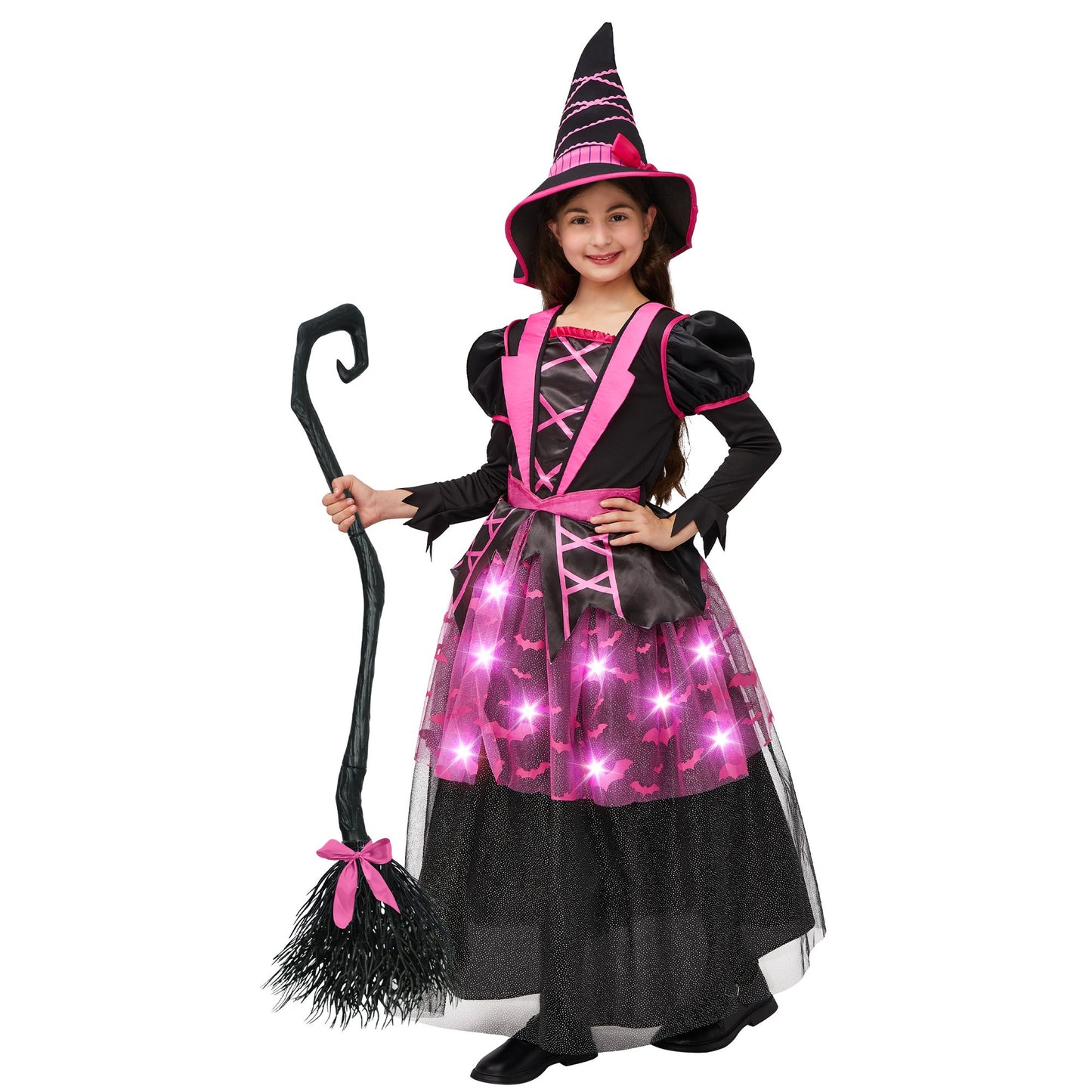 Syncfun Light Up Witch Costume Set for Girls, Starry Witch Dress with Broom Hat for Kids and Toddlers, Perfect for Halloween Party Dress-Up Cosplay Age up to 3