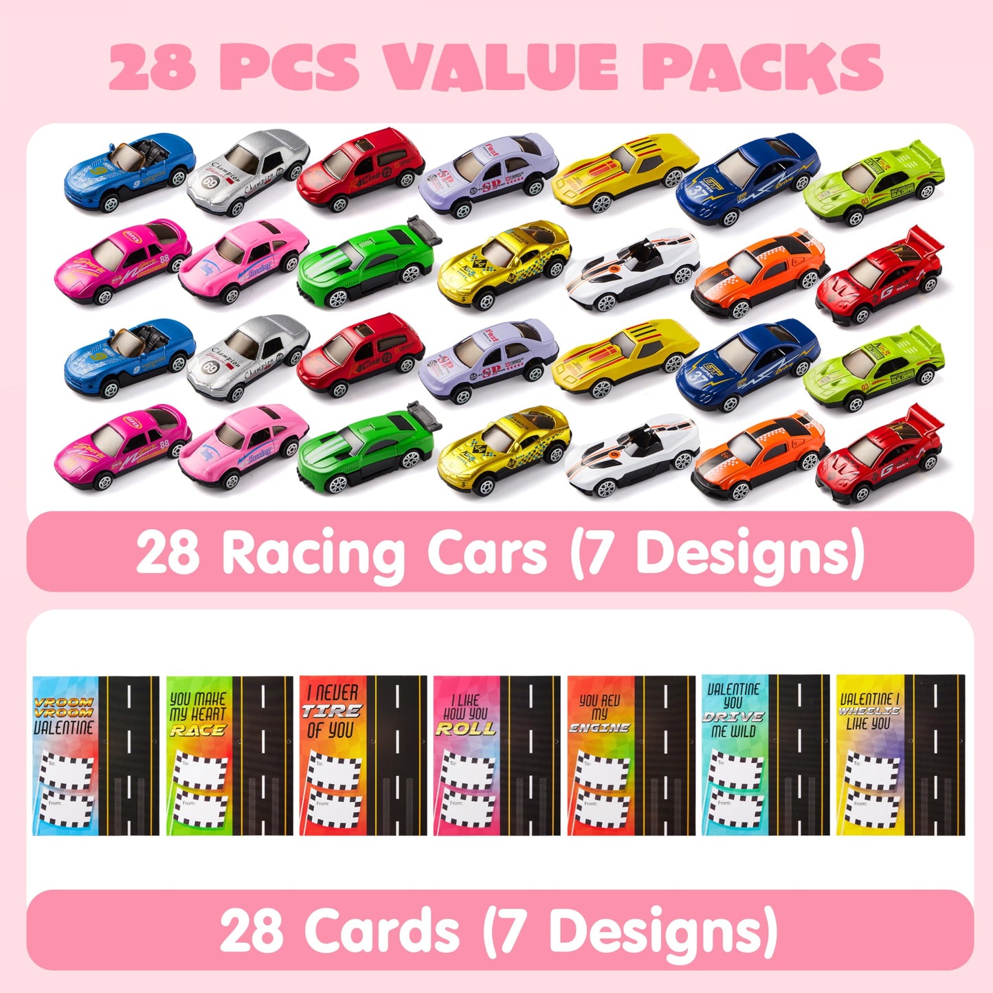 28 Packs Valentines Day Cards with Die-Cast Racing Cars, Valentines School Classroom Exchange Cards for Kids Boys, Vehicle Party Favors Toys